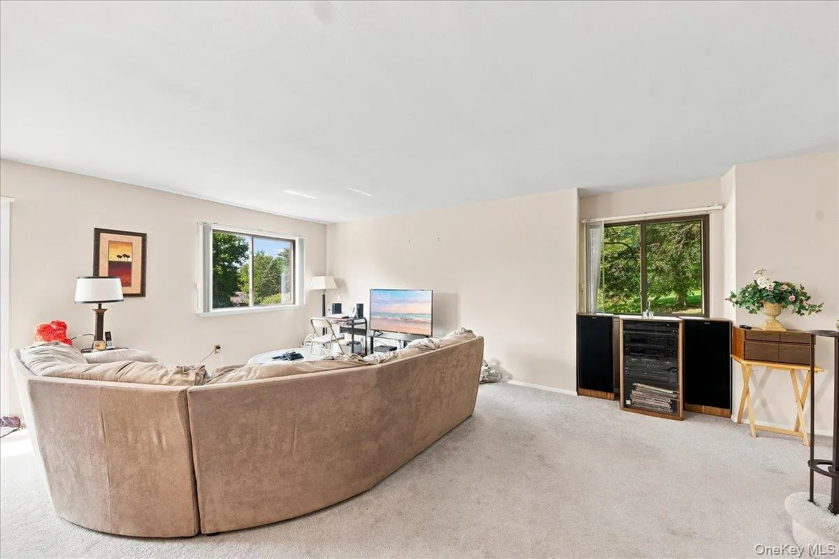Spacious living area featuring light-colored carpeting, multiple windows, and light-toned walls Spacious living area featuring light-colored carpeting, multiple windows, and light-toned walls