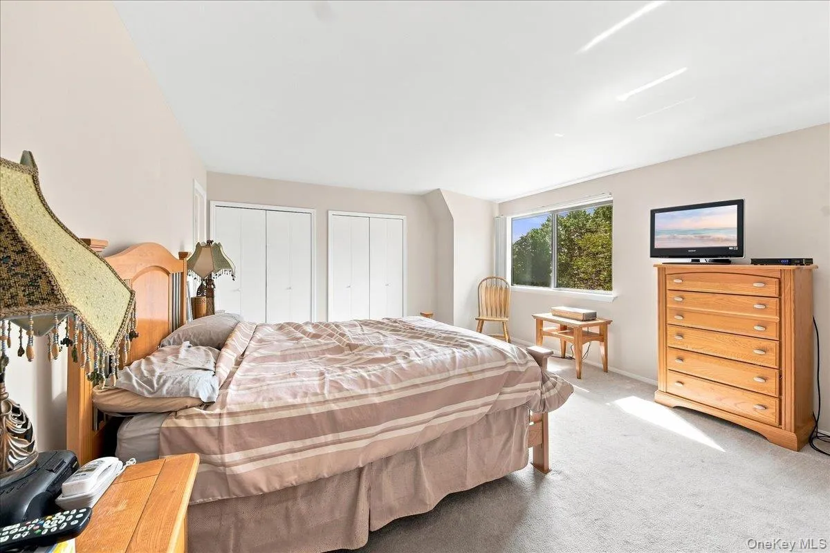 Twin closet doors, window with exterior scenery, and light-toned wall finishes Twin closet doors, window with exterior scenery, and light-toned wall finishes