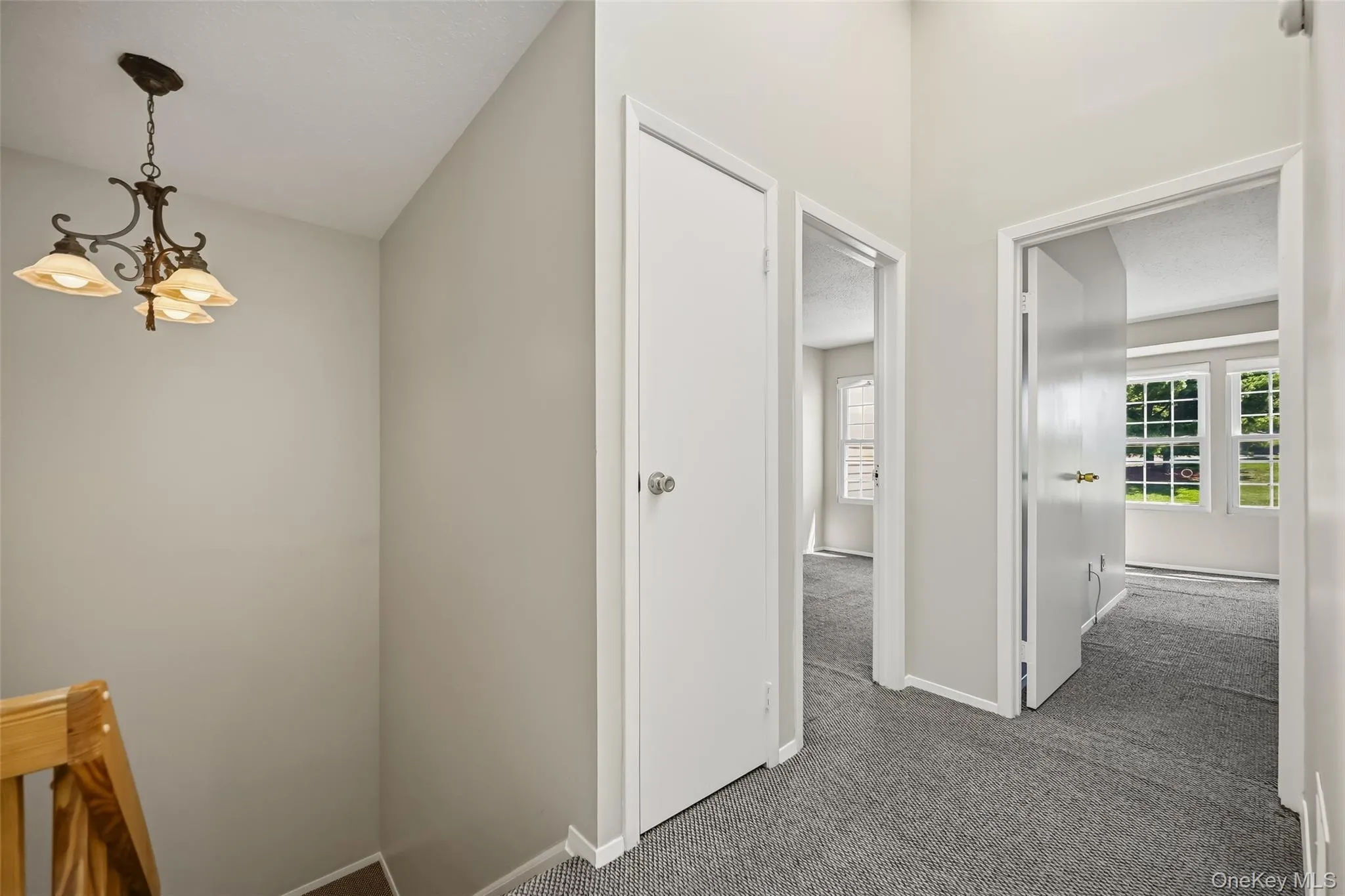 Carpeted hallway with a chandelier and white interior doors Carpeted hallway with a chandelier and white interior doors