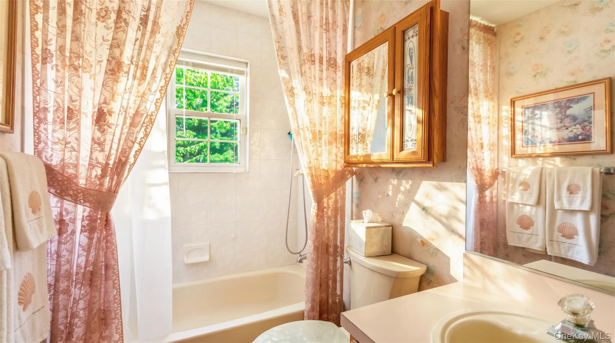 Recessed bathtub with shower fixture, single vanity with integrated sink, and an overhead medicine cabinet with mirrored doors Recessed bathtub with shower fixture, single vanity with integrated sink, and an overhead medicine cabinet with mirrored doors