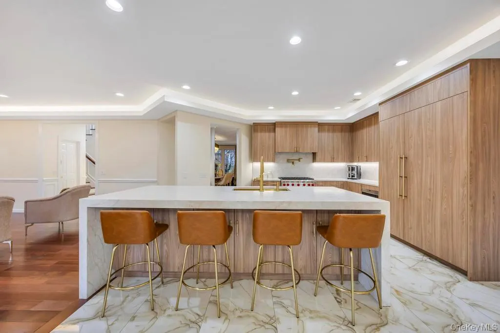 Kitchen with a breakfast bar area, modern cabinets, light stone countertops, recessed lighting, and a raised ceiling Kitchen with a breakfast bar area, modern cabinets, light stone countertops, recessed lighting, and a raised ceiling