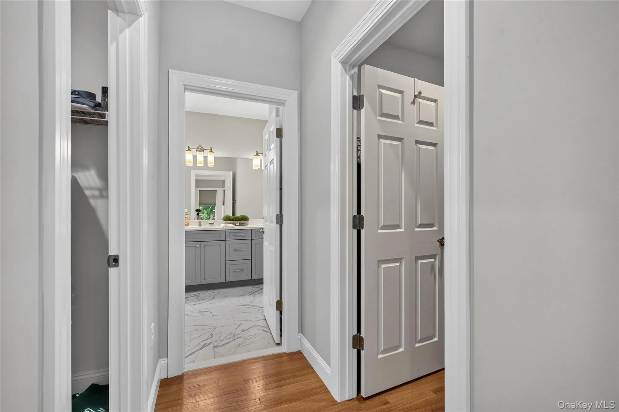 Light wood-finish flooring, white paneled doors, and light gray wall paint Light wood-finish flooring, white paneled doors, and light gray wall paint