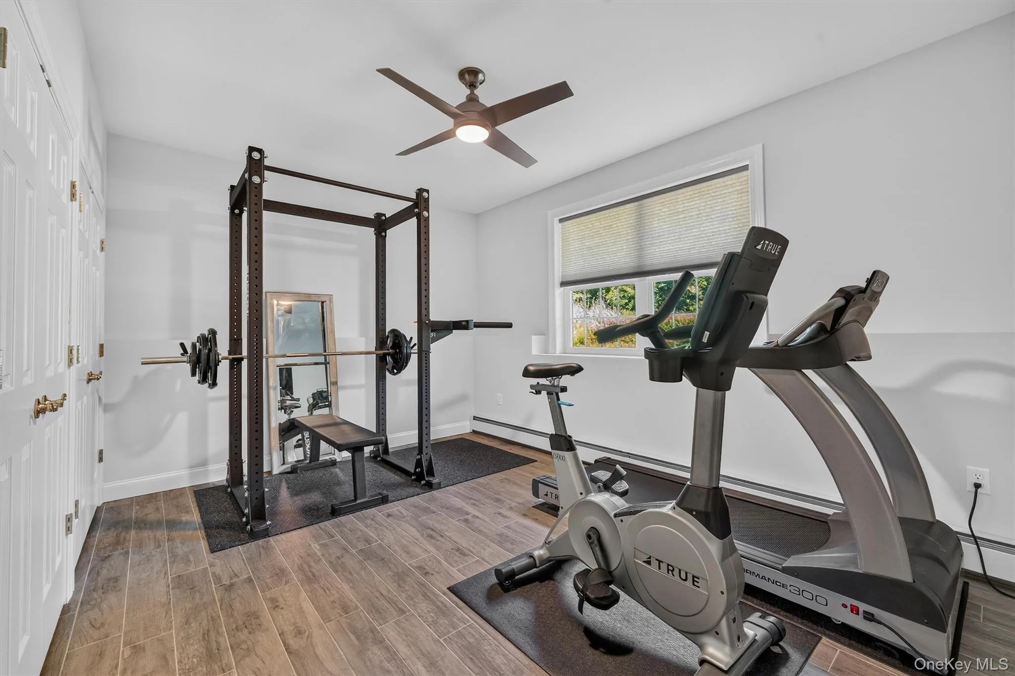 Recessed lighting, wood-finish flooring, ceiling fan, white paneled double doors, and a window with blinds Recessed lighting, wood-finish flooring, ceiling fan, white paneled double doors, and a window with blinds