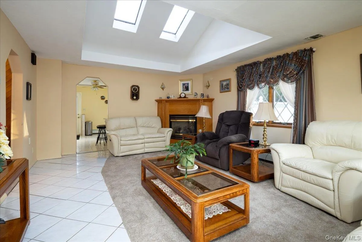 Vaulted ceiling with dual skylights, wood-surround fireplace, and arched doorway Vaulted ceiling with dual skylights, wood-surround fireplace, and arched doorway