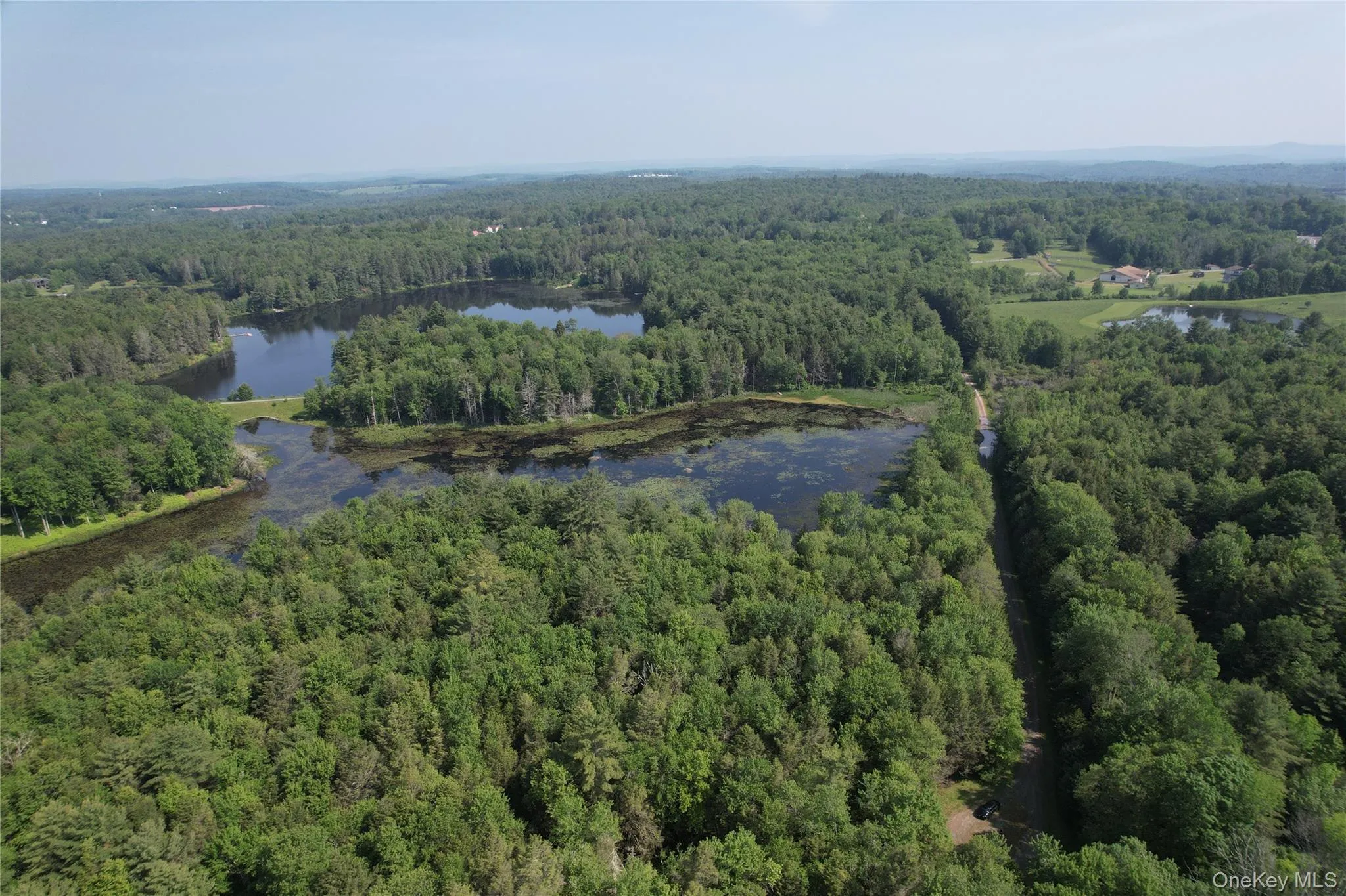Aerial view of property's location with a heavily wooded area and a nearby body of water Aerial view of property's location with a heavily wooded area and a nearby body of water
