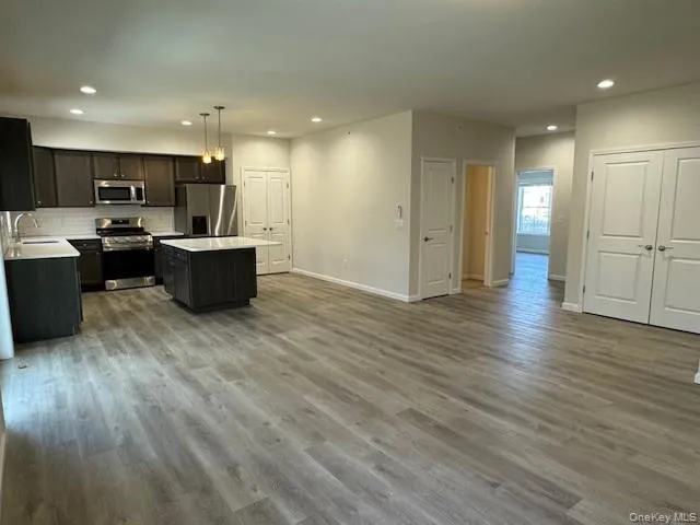 Kitchen with decorative light fixtures, a center island, light hardwood / wood-style flooring, stainless steel appliances, and backsplash Kitchen with decorative light fixtures, a center island, light hardwood / wood-style flooring, stainless steel appliances, and backsplash