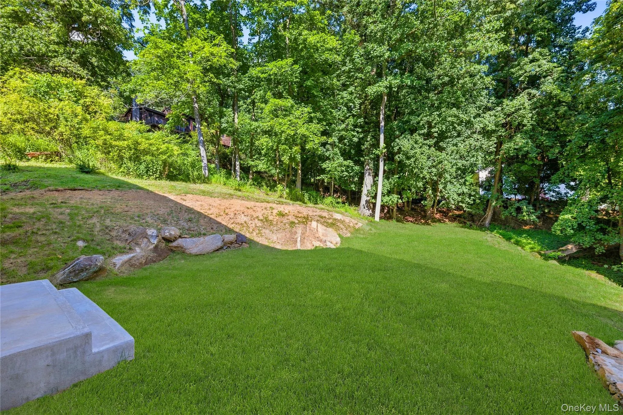 Expansive lawn area with mature trees and natural rock formations, complemented by concrete steps Expansive lawn area with mature trees and natural rock formations, complemented by concrete steps