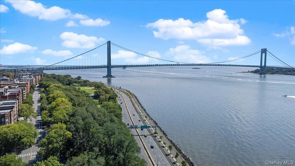 Verrazano bridge and water aerial view Verrazano bridge and water aerial view