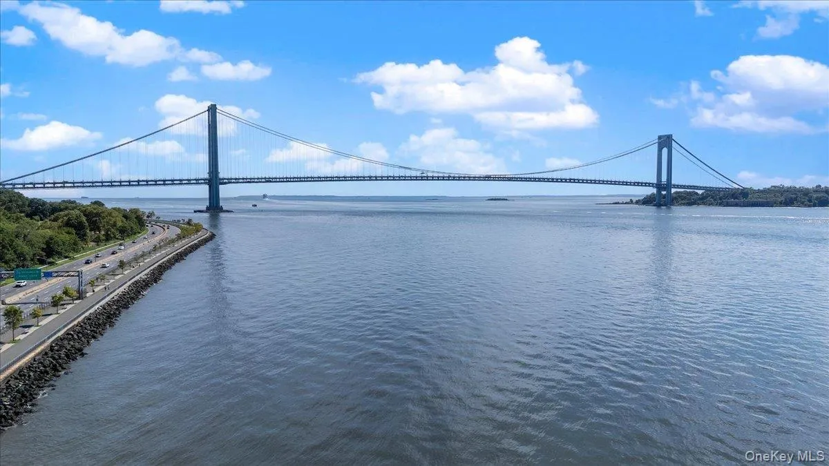 Verrazano bridge and water aerial view Verrazano bridge and water aerial view