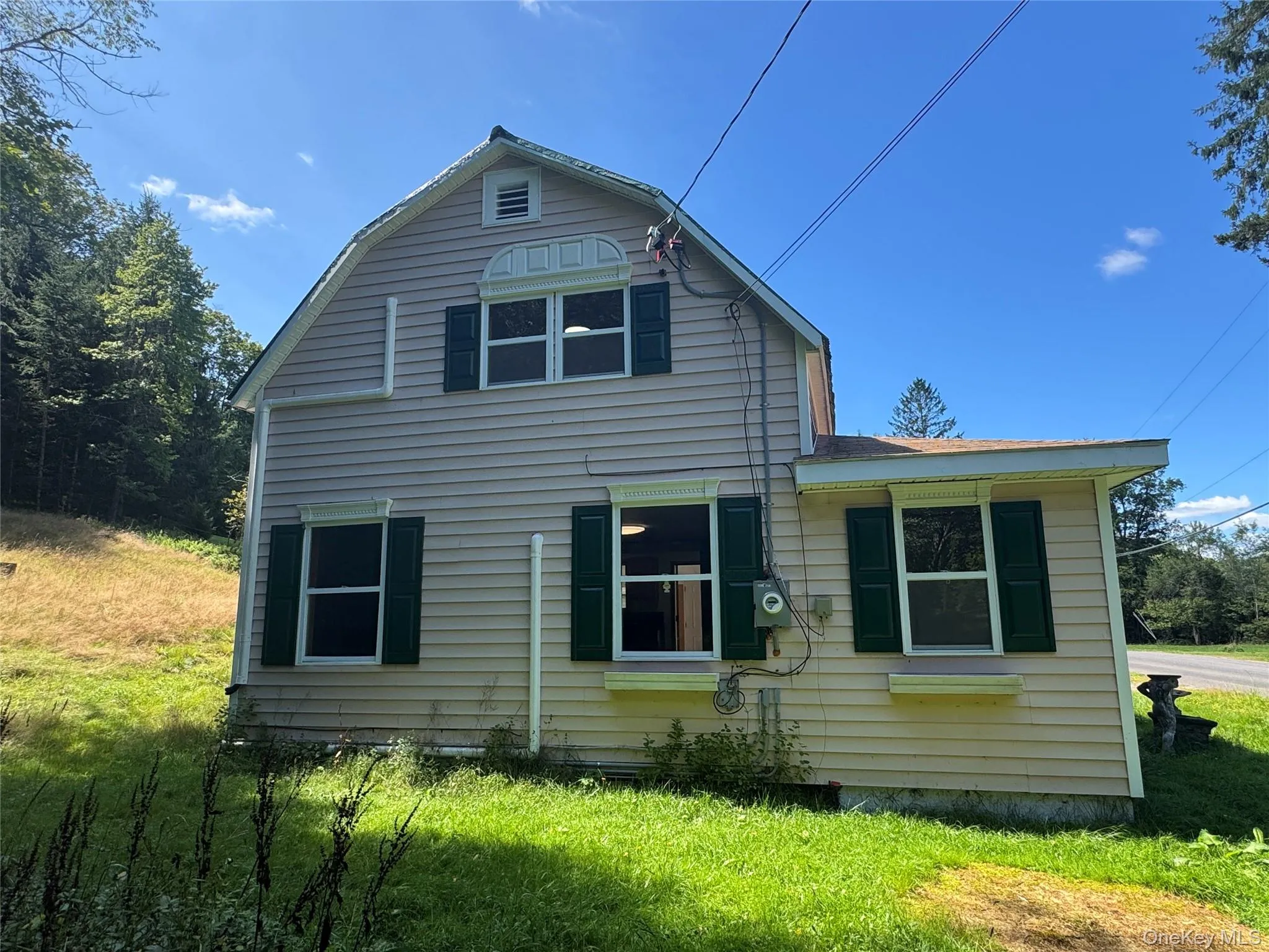 Siding exterior with dormer window, green window shutters, and a sloped roofline Siding exterior with dormer window, green window shutters, and a sloped roofline