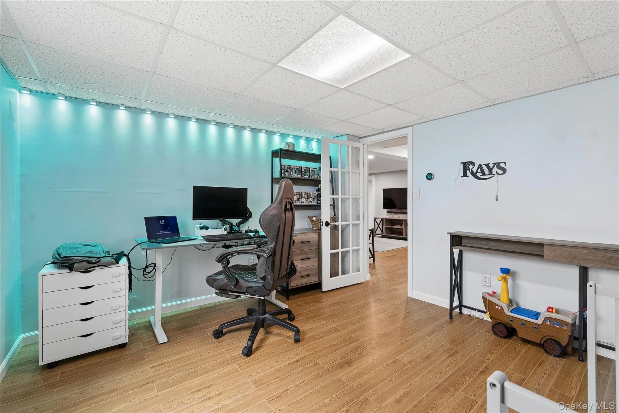 Wood-finish flooring, recessed ceiling lighting, French doors, and built-in shelving Wood-finish flooring, recessed ceiling lighting, French doors, and built-in shelving
