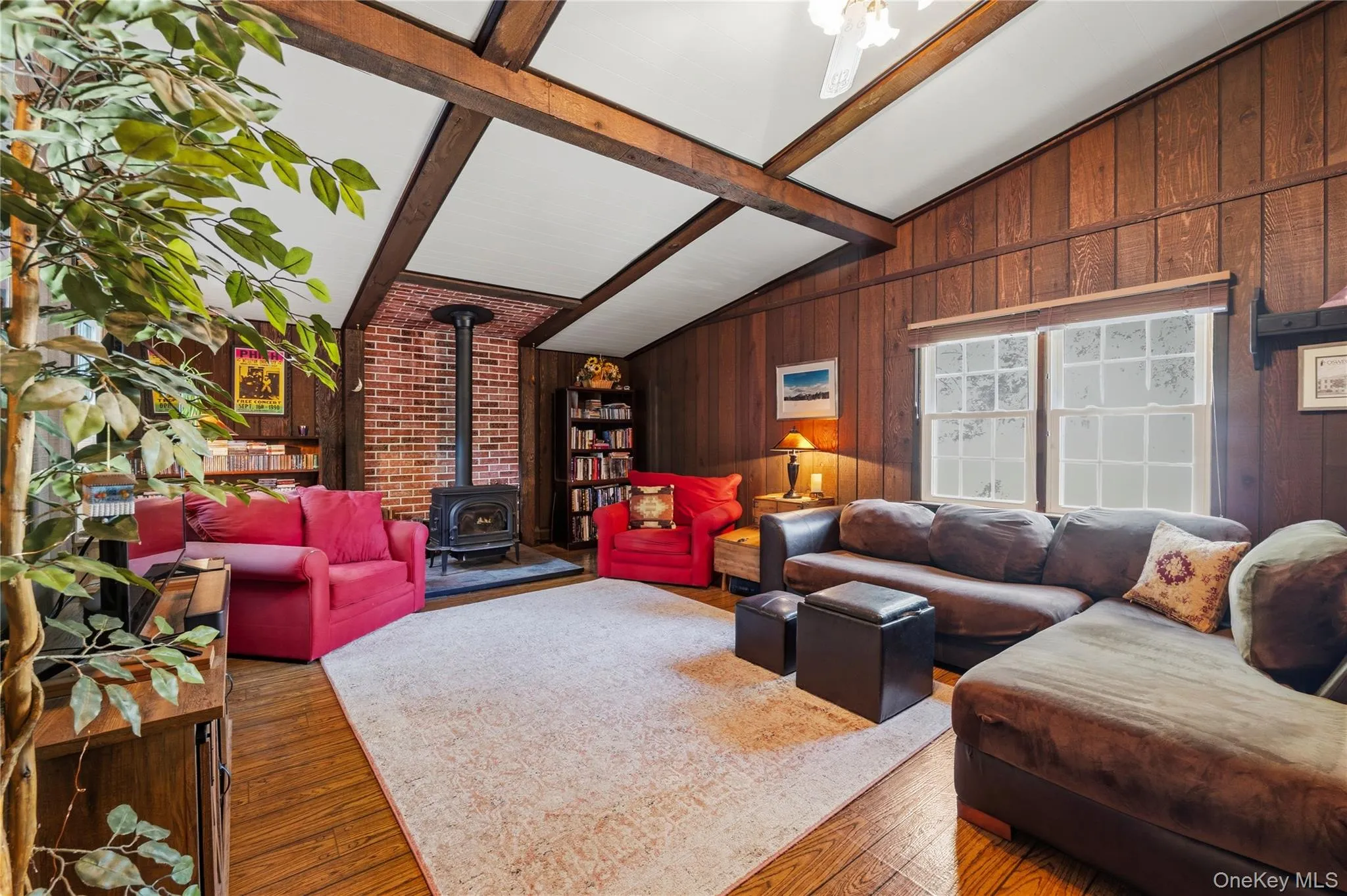 Great room with wood burning stove. Great room with wood burning stove.