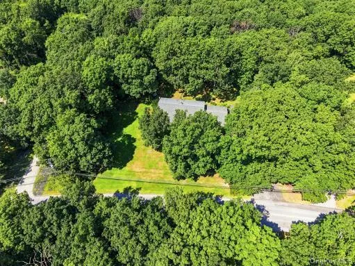 Wooded grounds with a detached property featuring a gray shingle roof and a paved access road Wooded grounds with a detached property featuring a gray shingle roof and a paved access road