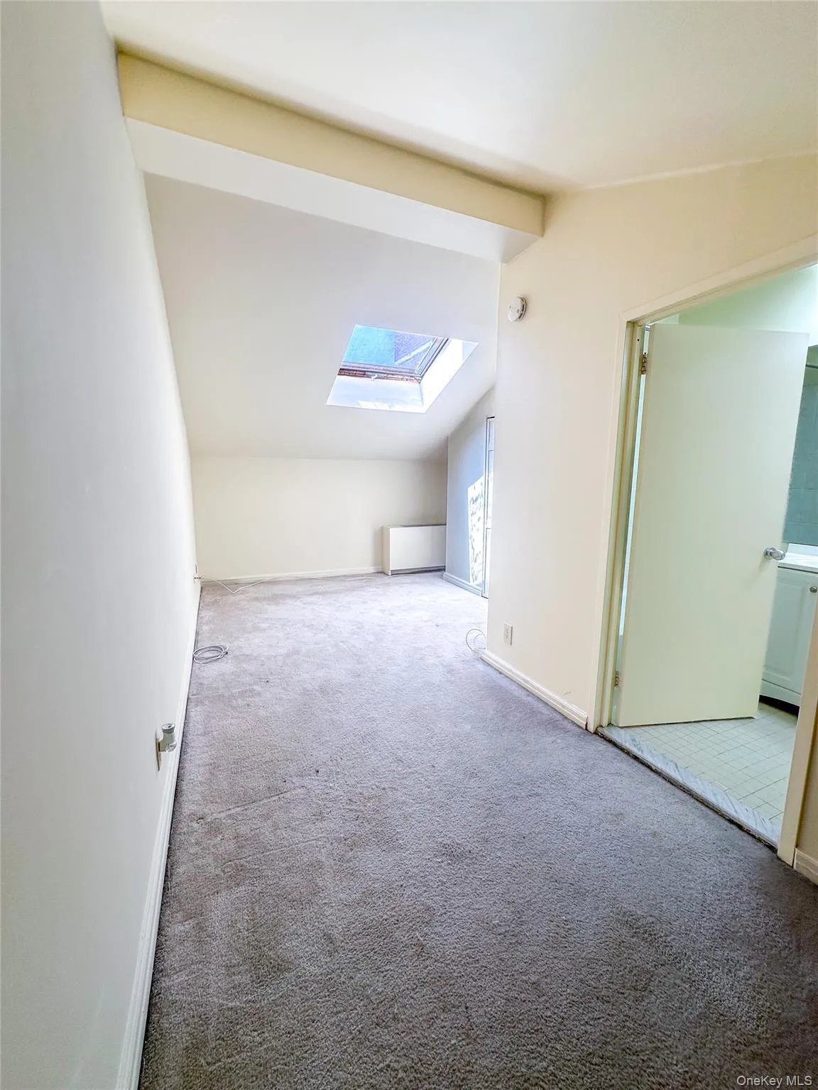 Spacious loft-style bedroom featuring high ceilings, carpeting, and natural light from the skylight. Spacious loft-style bedroom featuring high ceilings, carpeting, and natural light from the skylight.