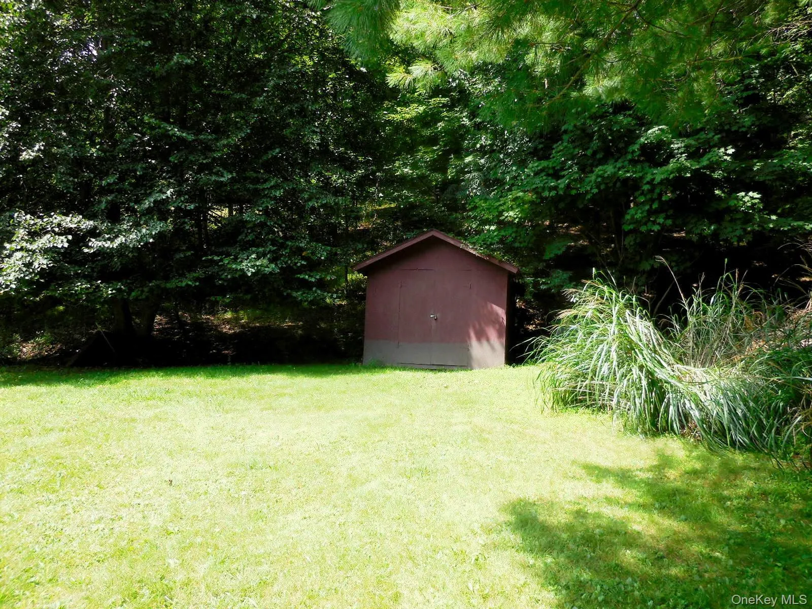 Expansive lawn featuring a storage shed and mature trees Expansive lawn featuring a storage shed and mature trees