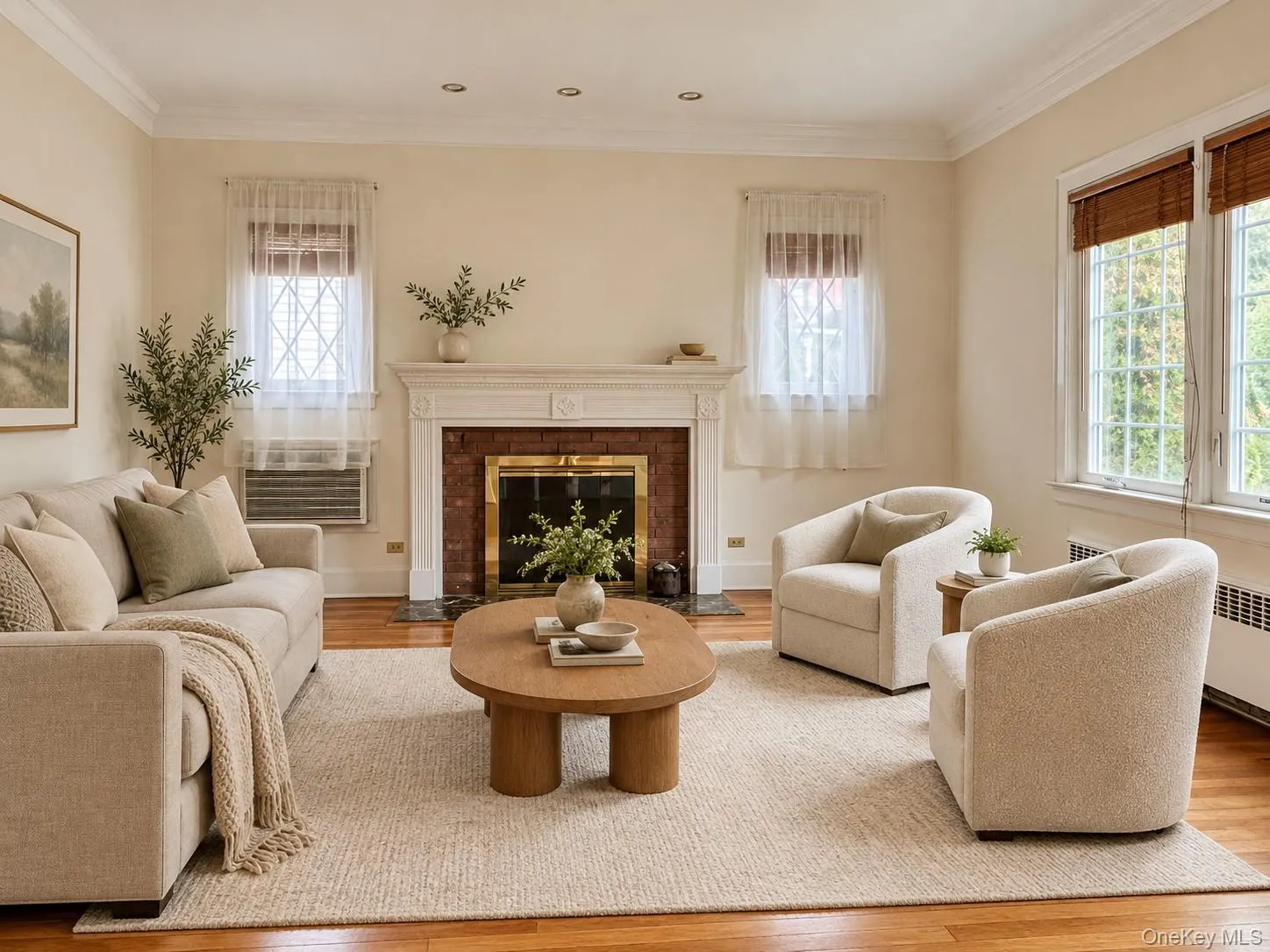 Living room featuring wood-finish flooring, a masonry fireplace with a classic mantel, recessed lighting, and crown molding Living room featuring wood-finish flooring, a masonry fireplace with a classic mantel, recessed lighting, and crown molding