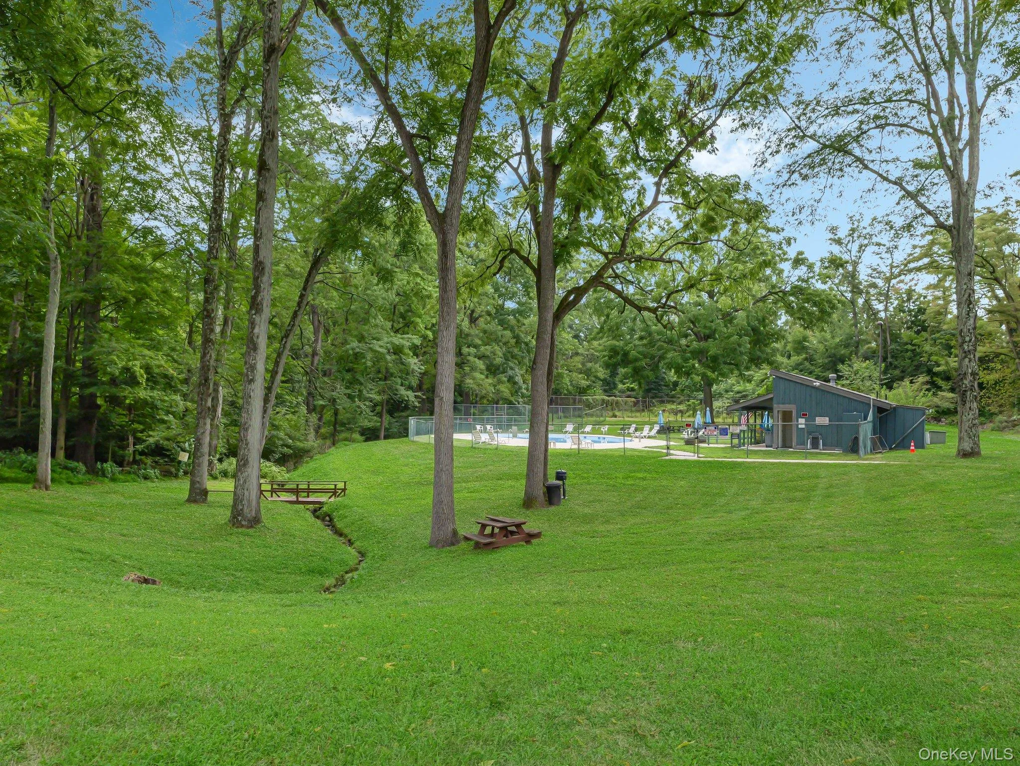 Expansive green space with mature trees and picnic tables. Expansive green space with mature trees and picnic tables.