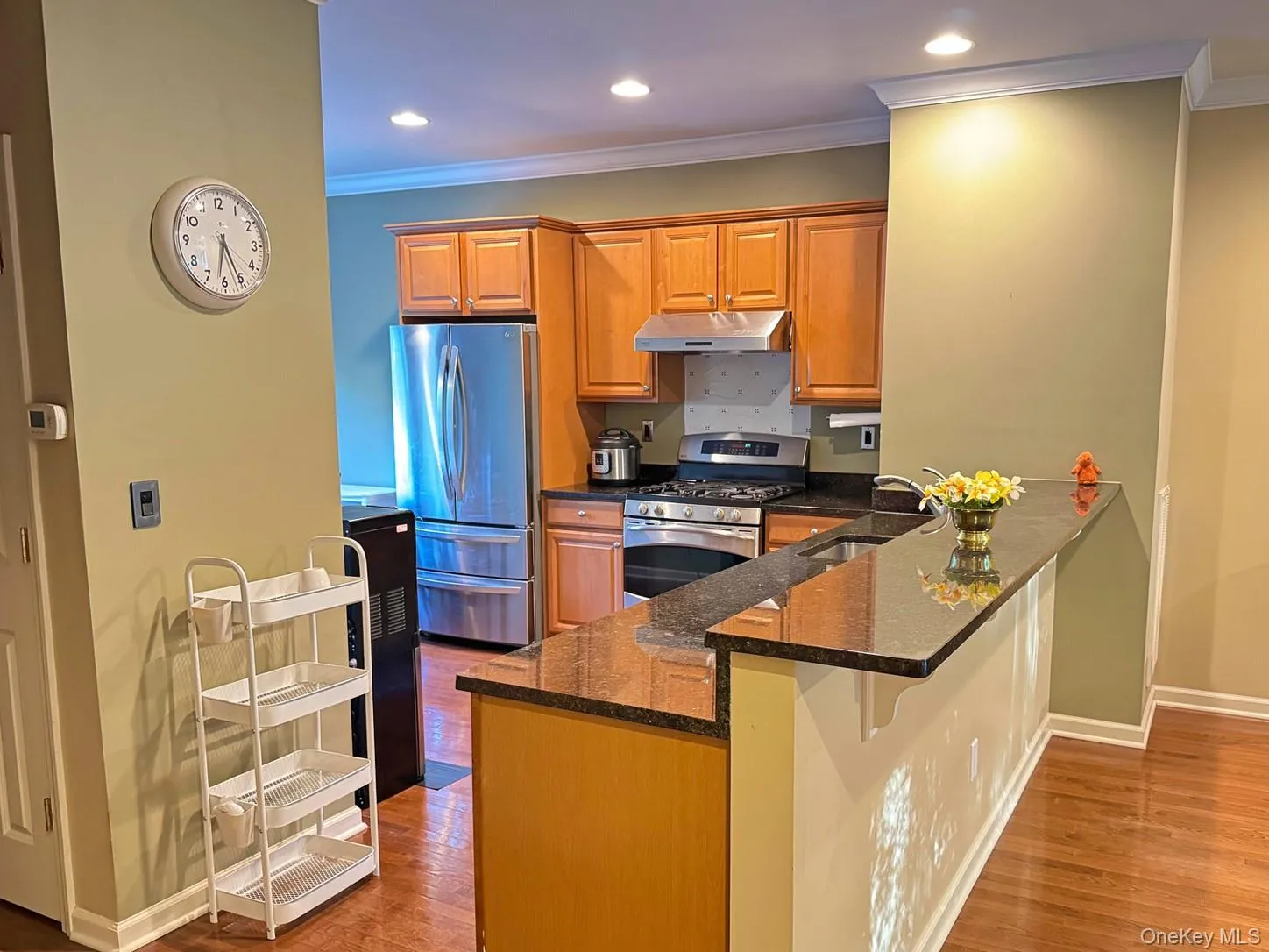 Kitchen featuring wood cabinetry, stainless steel appliances, dark stone countertops, a breakfast bar, and wood-finish flooring Kitchen featuring wood cabinetry, stainless steel appliances, dark stone countertops, a breakfast bar, and wood-finish flooring