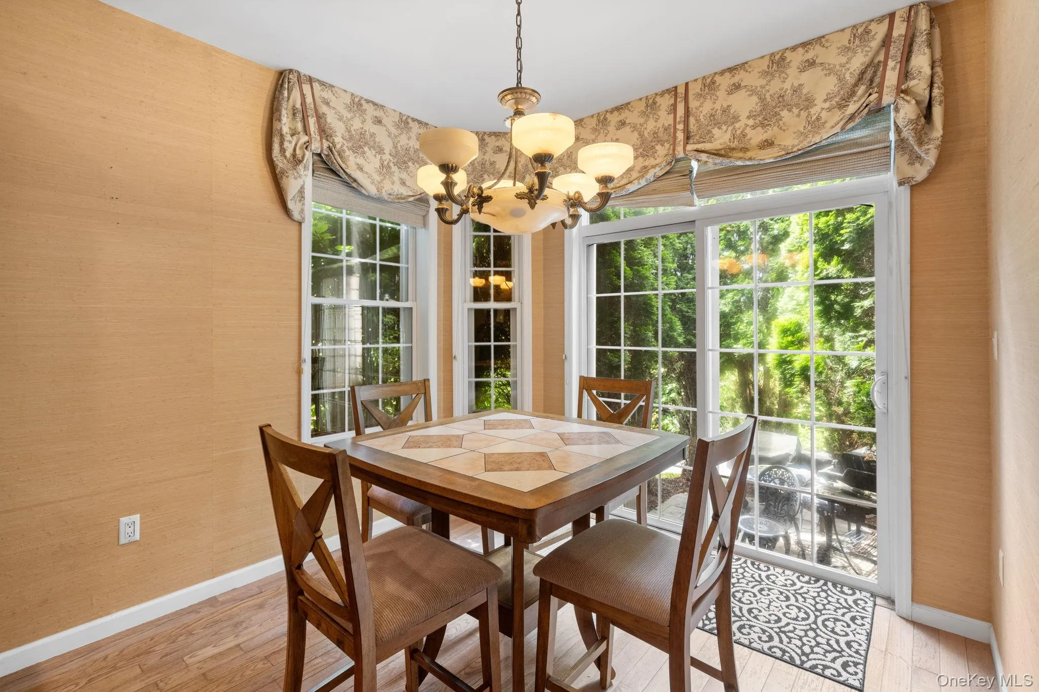 Dining area featuring a chandelier, light wood-style flooring, and wallpapered walls Dining area featuring a chandelier, light wood-style flooring, and wallpapered walls