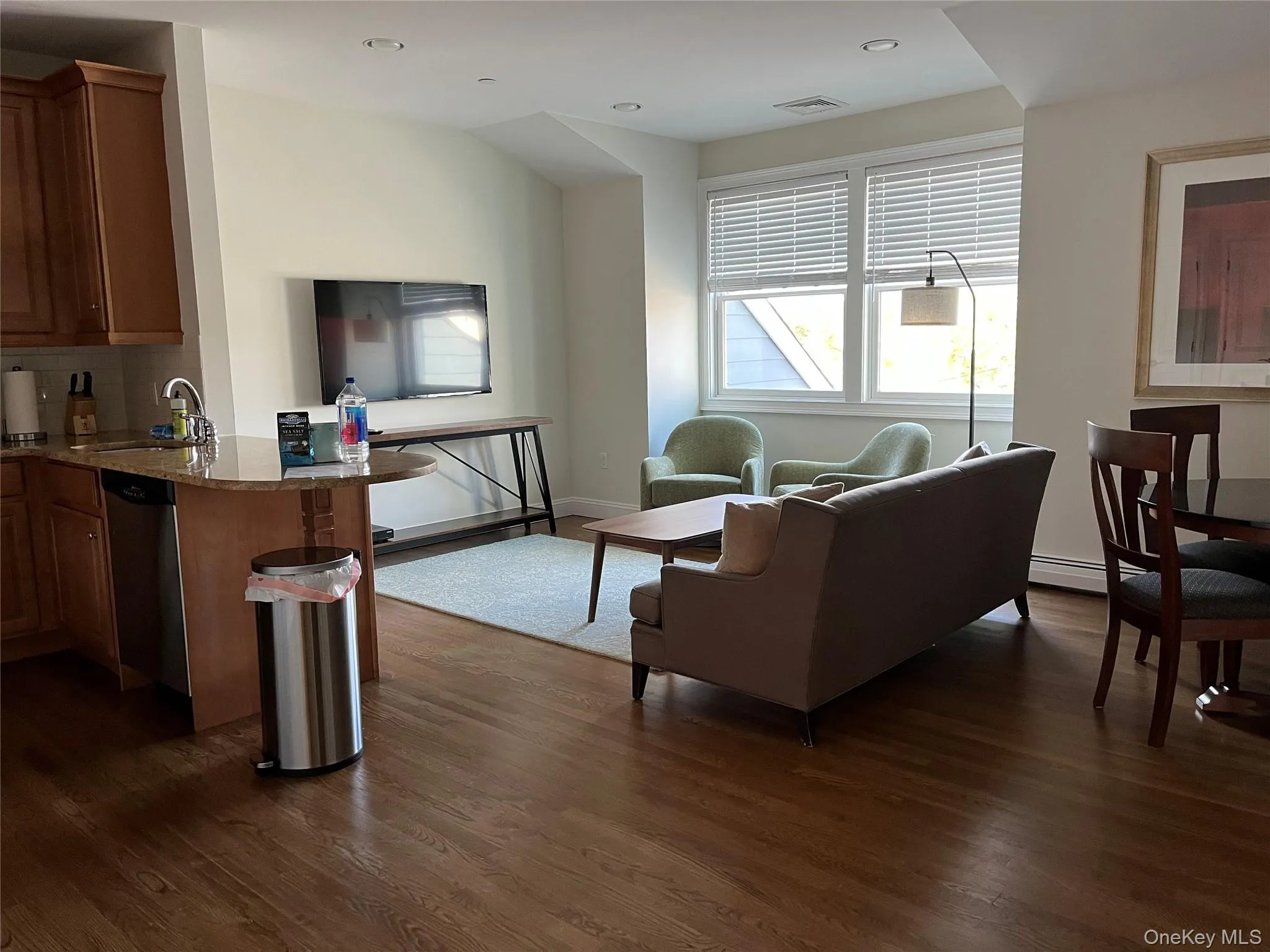 Living area featuring dark wood-style flooring, recessed lighting, and a baseboard heating unit Living area featuring dark wood-style flooring, recessed lighting, and a baseboard heating unit