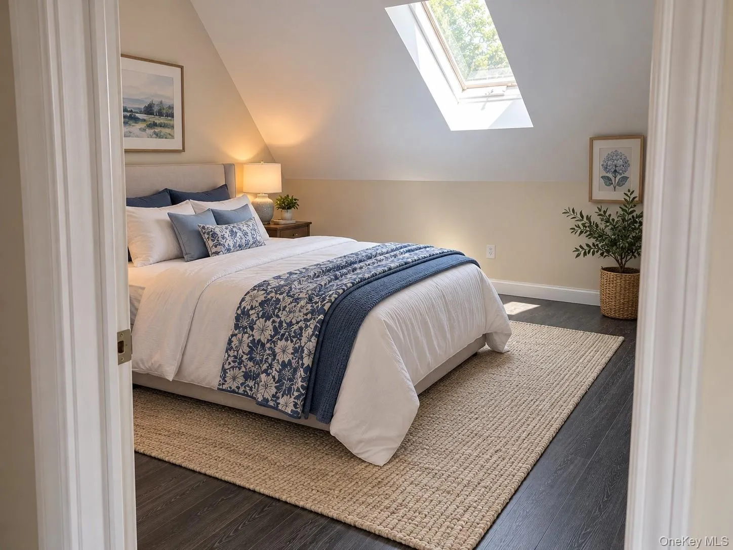 Airy bedroom with luxury vinyl plank flooring features skylight with gorgeous natural light. Virtually Staged Airy bedroom with luxury vinyl plank flooring features skylight with gorgeous natural light. Virtually Staged
