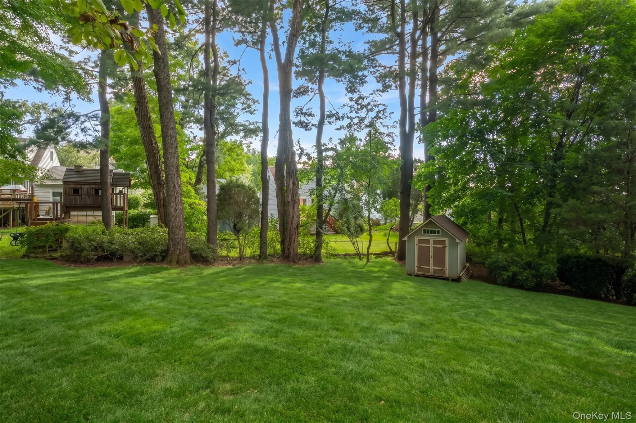 Expansive lawn with mature trees and a detached storage shed Expansive lawn with mature trees and a detached storage shed