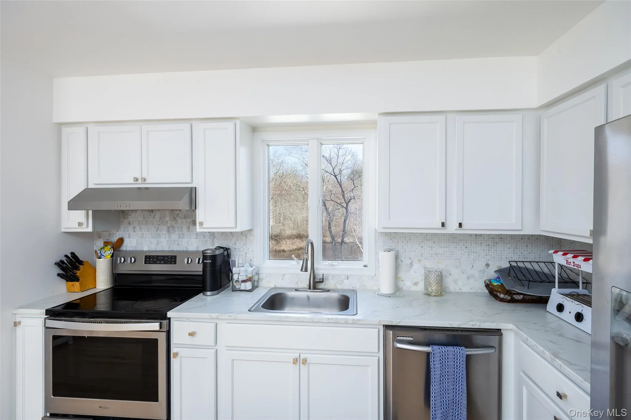 Kitchen with stainless steel appliances, a sink, under cabinet range hood, decorative backsplash, and white cabinets Kitchen with stainless steel appliances, a sink, under cabinet range hood, decorative backsplash, and white cabinets