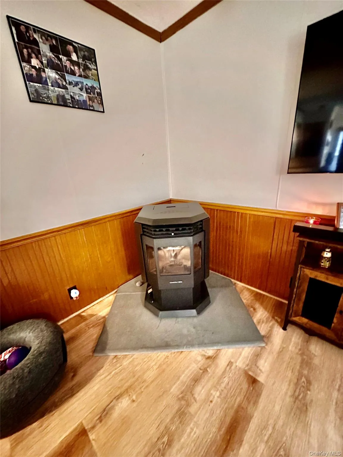 Corner-positioned pellet stove with a hearth, set against wood-finish wainscoting and wood-finish flooring. Corner-positioned pellet stove with a hearth, set against wood-finish wainscoting and wood-finish flooring.