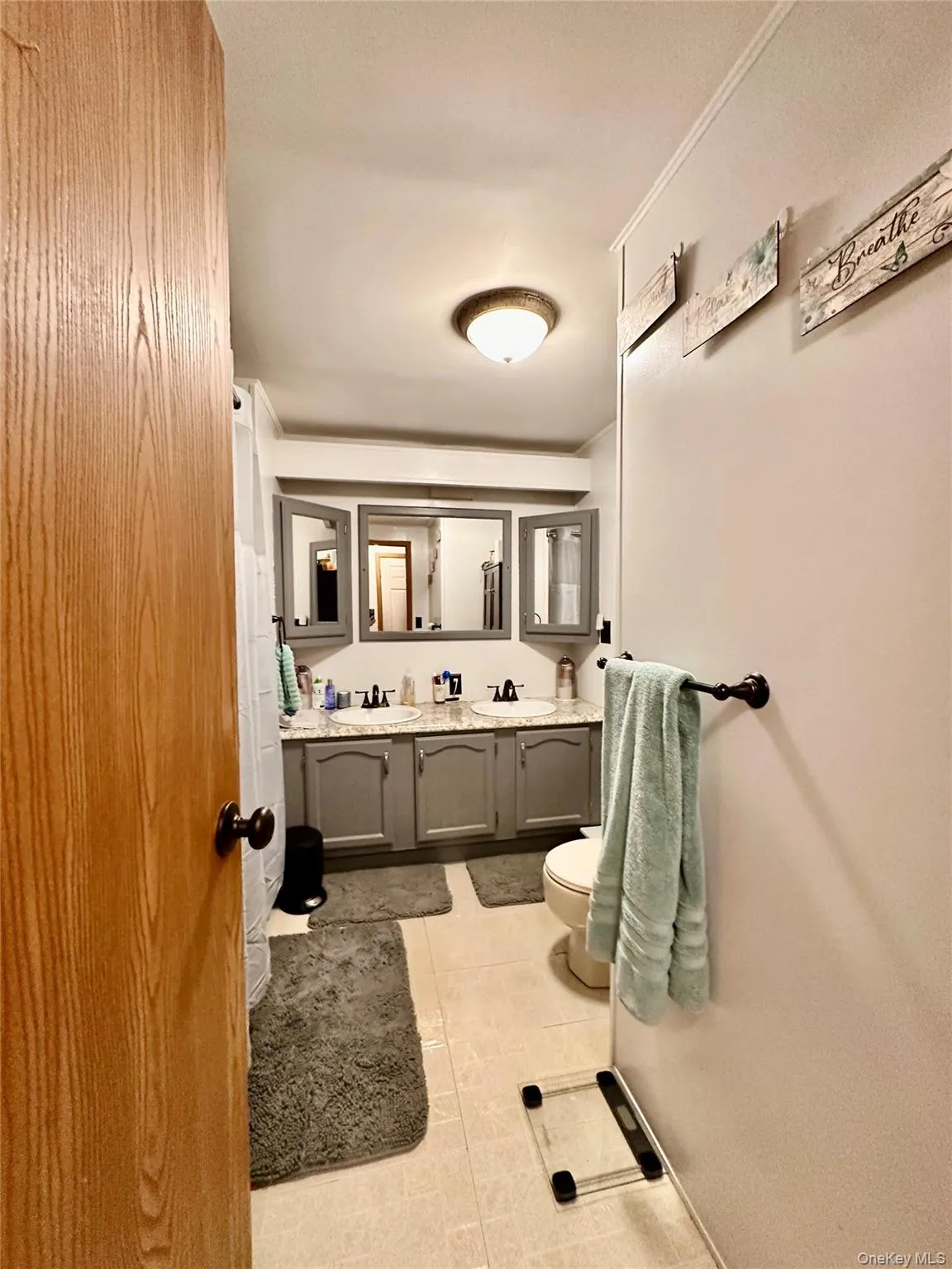 Dual vanity with undermount sinks, gray cabinetry, and a light-colored countertop. Dual vanity with undermount sinks, gray cabinetry, and a light-colored countertop.