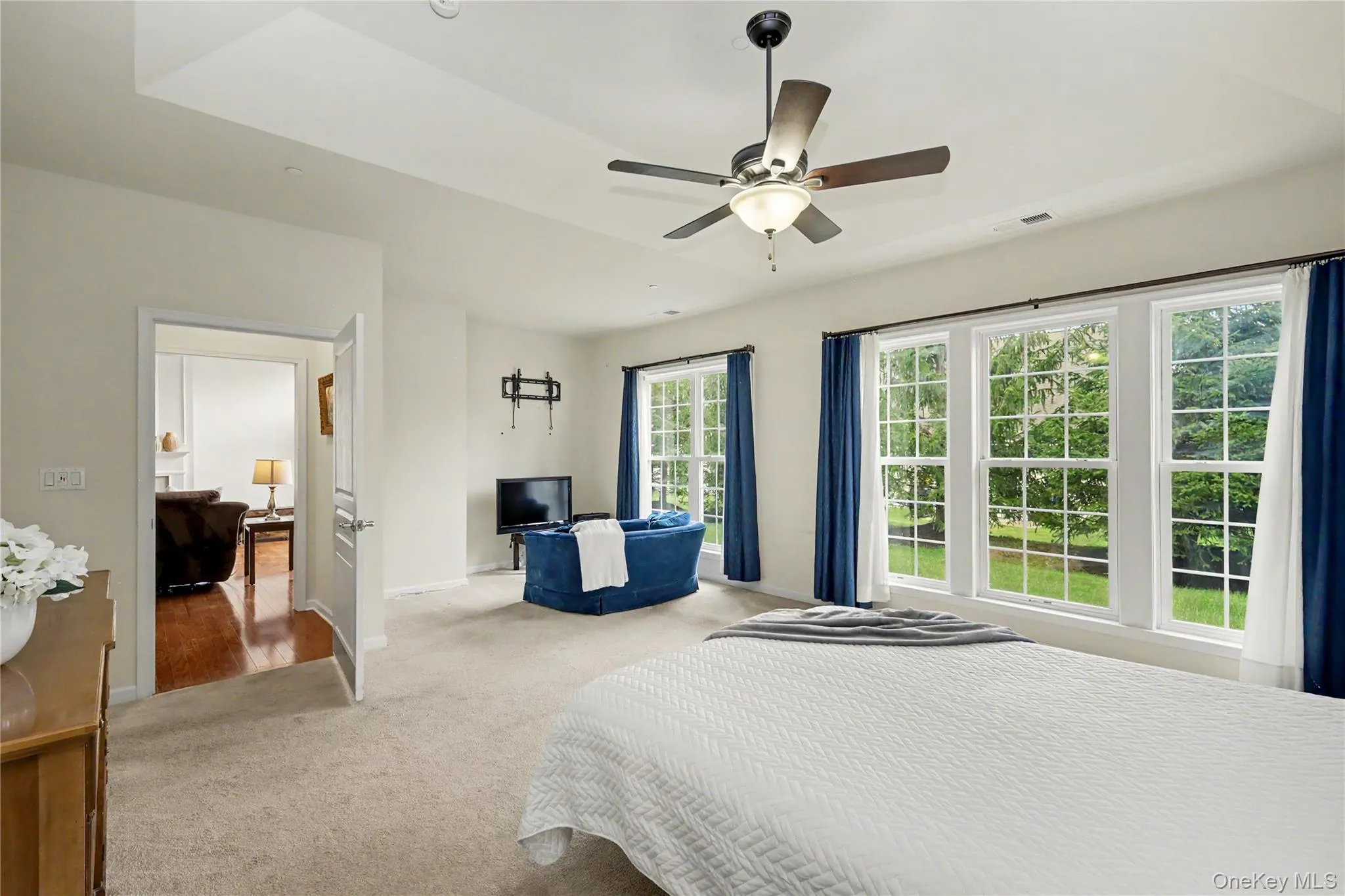 Recessed ceiling with an attached ceiling fan, large grid-pattern windows, and plush carpet flooring Recessed ceiling with an attached ceiling fan, large grid-pattern windows, and plush carpet flooring