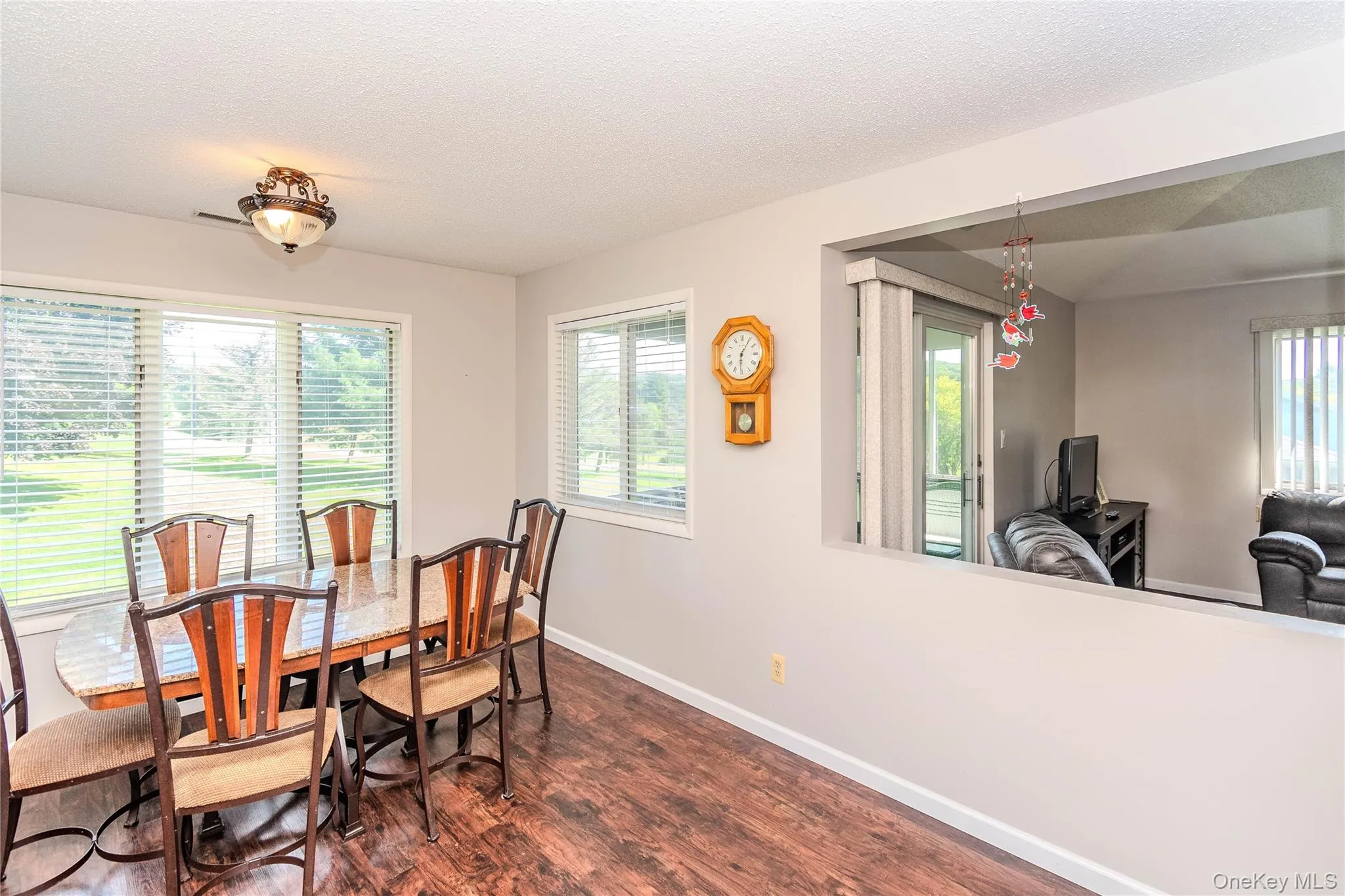 Dining area featuring wood-finish flooring, two windows with blinds, a ceiling-mounted light fixture, and a pass-through opening to an additional room Dining area featuring wood-finish flooring, two windows with blinds, a ceiling-mounted light fixture, and a pass-through opening to an additional room