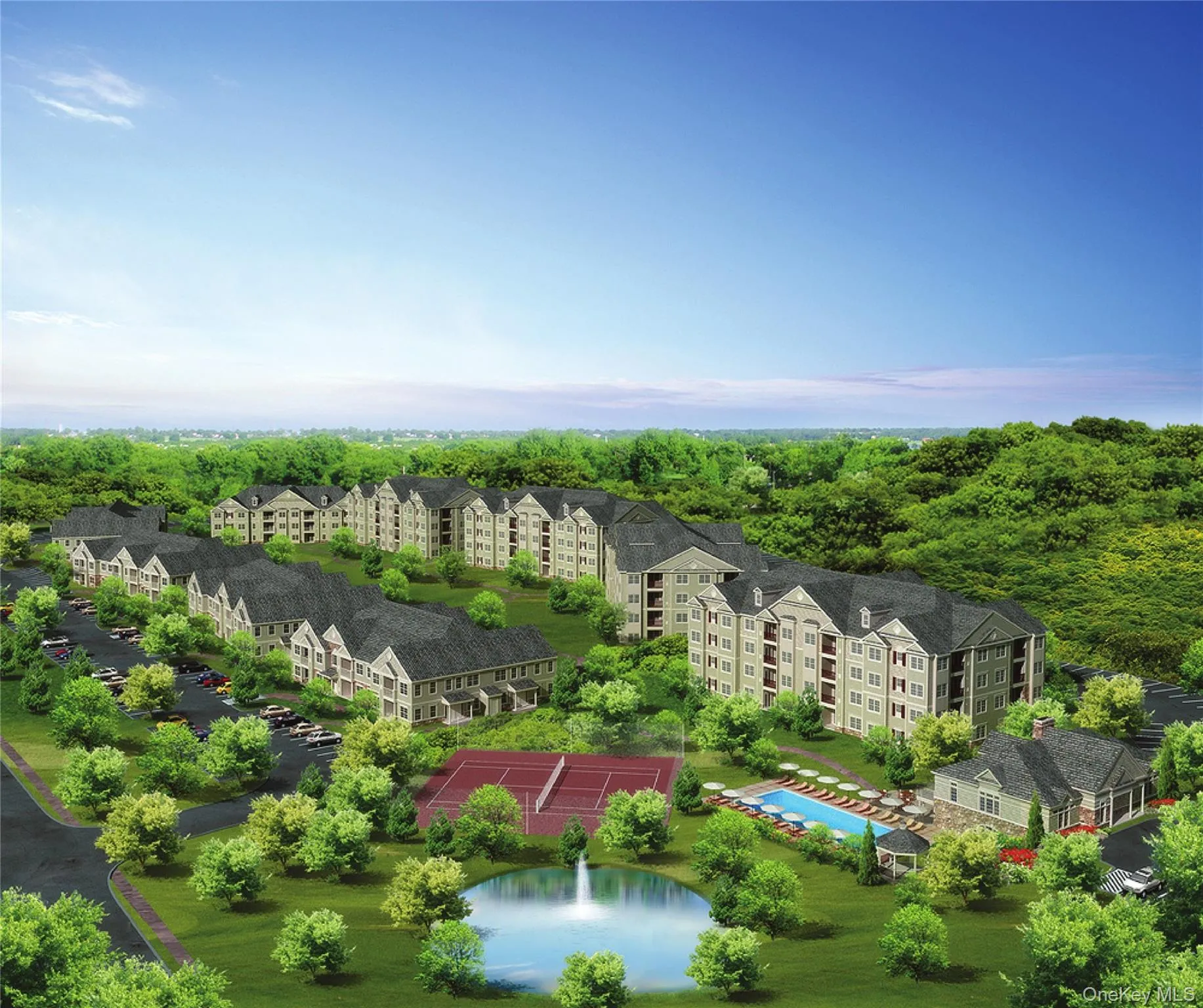 Community featuring multiple residential buildings, a central pond with fountain, tennis court, outdoor swimming pool, and dedicated parking areas Community featuring multiple residential buildings, a central pond with fountain, tennis court, outdoor swimming pool, and dedicated parking areas