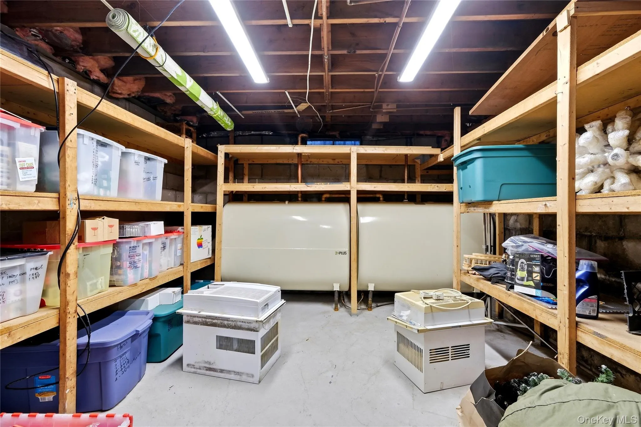 Basement area featuring two large oil tanks, overhead fluorescent lighting, and extensive wood shelving Basement area featuring two large oil tanks, overhead fluorescent lighting, and extensive wood shelving