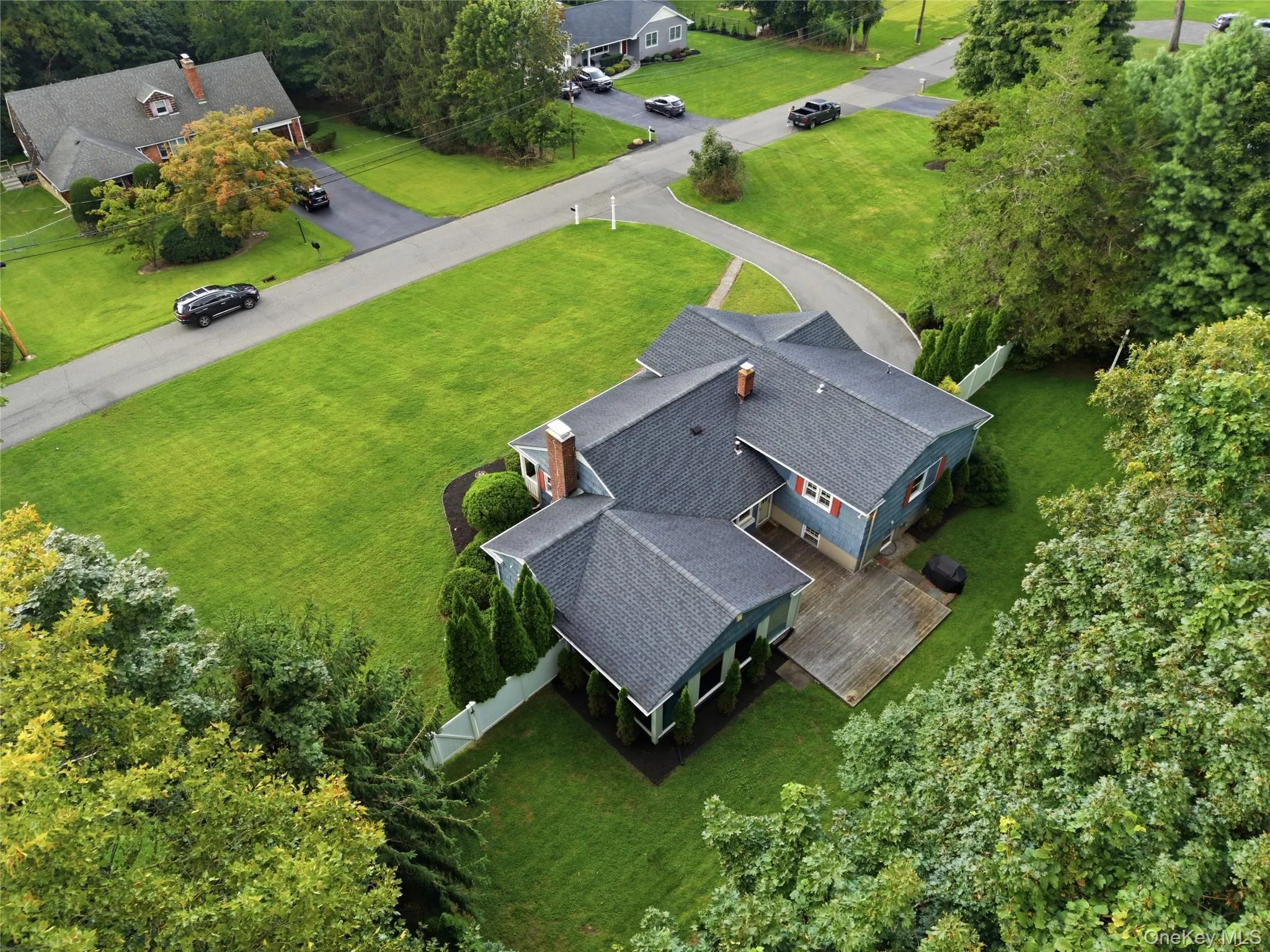 Expansive green lot featuring a paved driveway, mature trees, a multi-level roofline, and an outdoor deck Expansive green lot featuring a paved driveway, mature trees, a multi-level roofline, and an outdoor deck