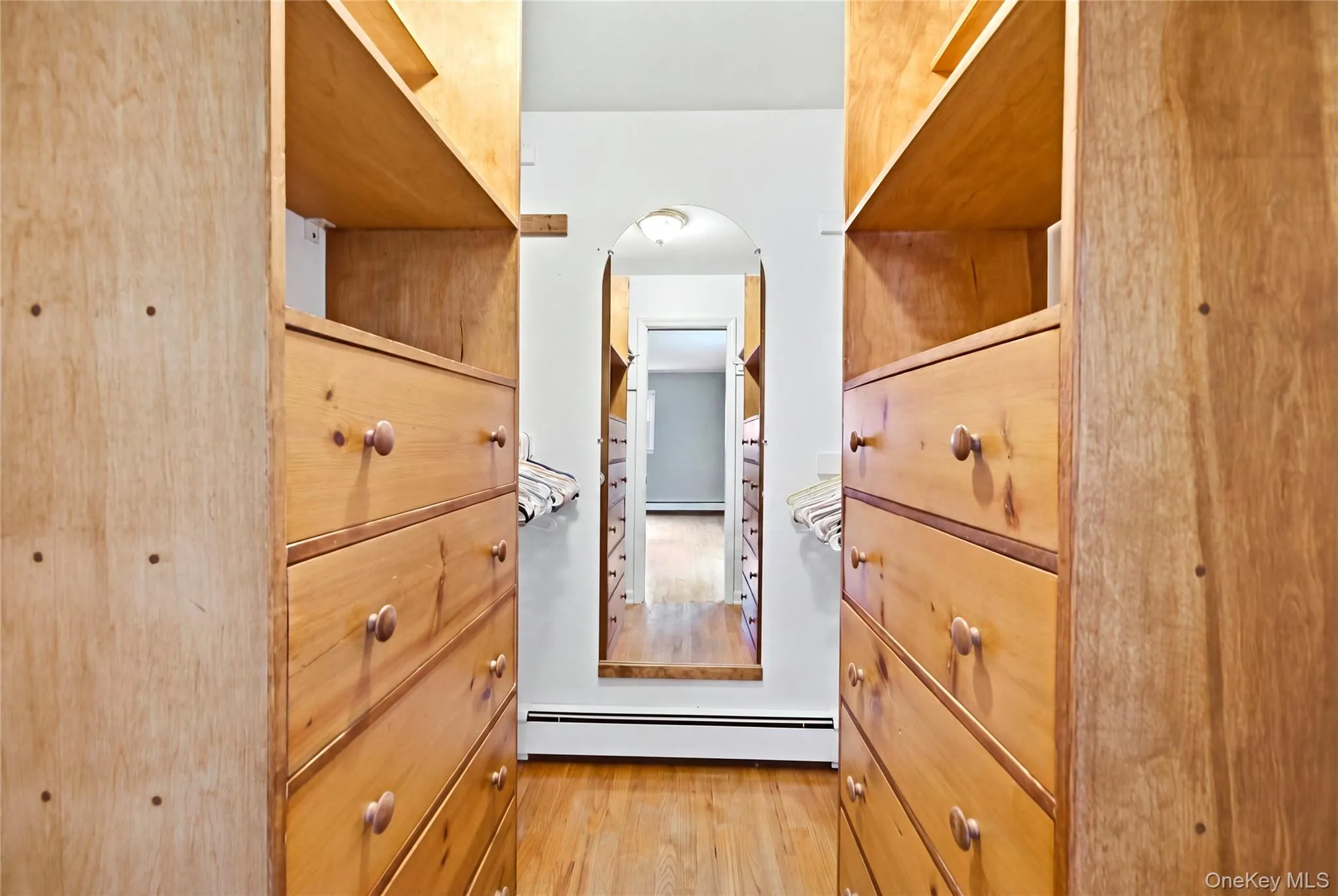 Wood-finish flooring, built-in storage with multiple drawers, and shelving units Wood-finish flooring, built-in storage with multiple drawers, and shelving units