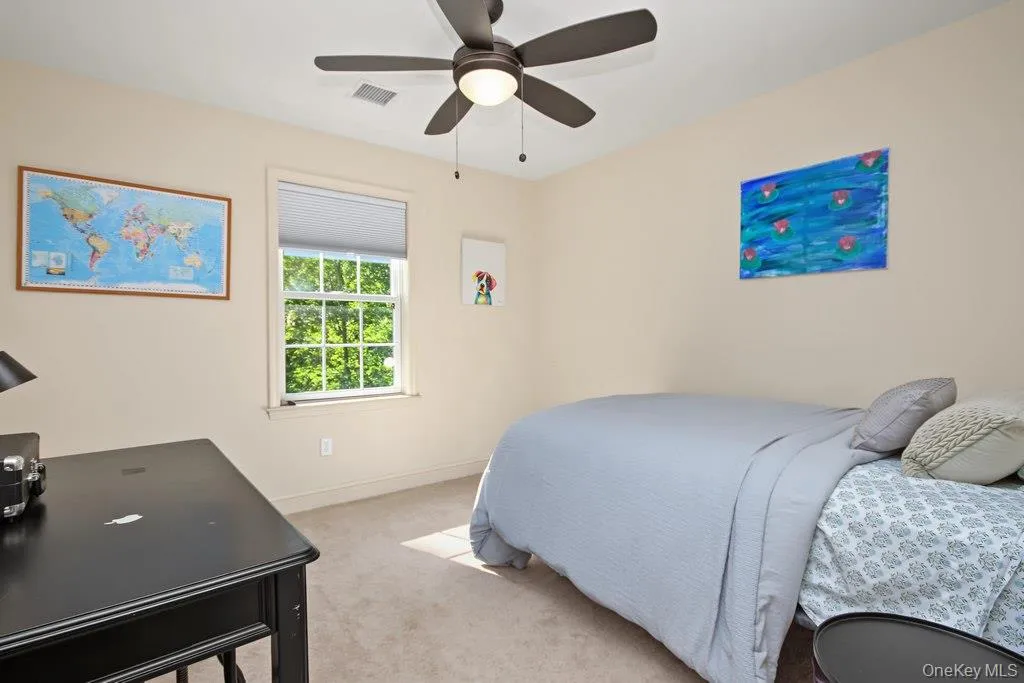 ceiling fan, window with roller shade, and neutral carpeting ceiling fan, window with roller shade, and neutral carpeting