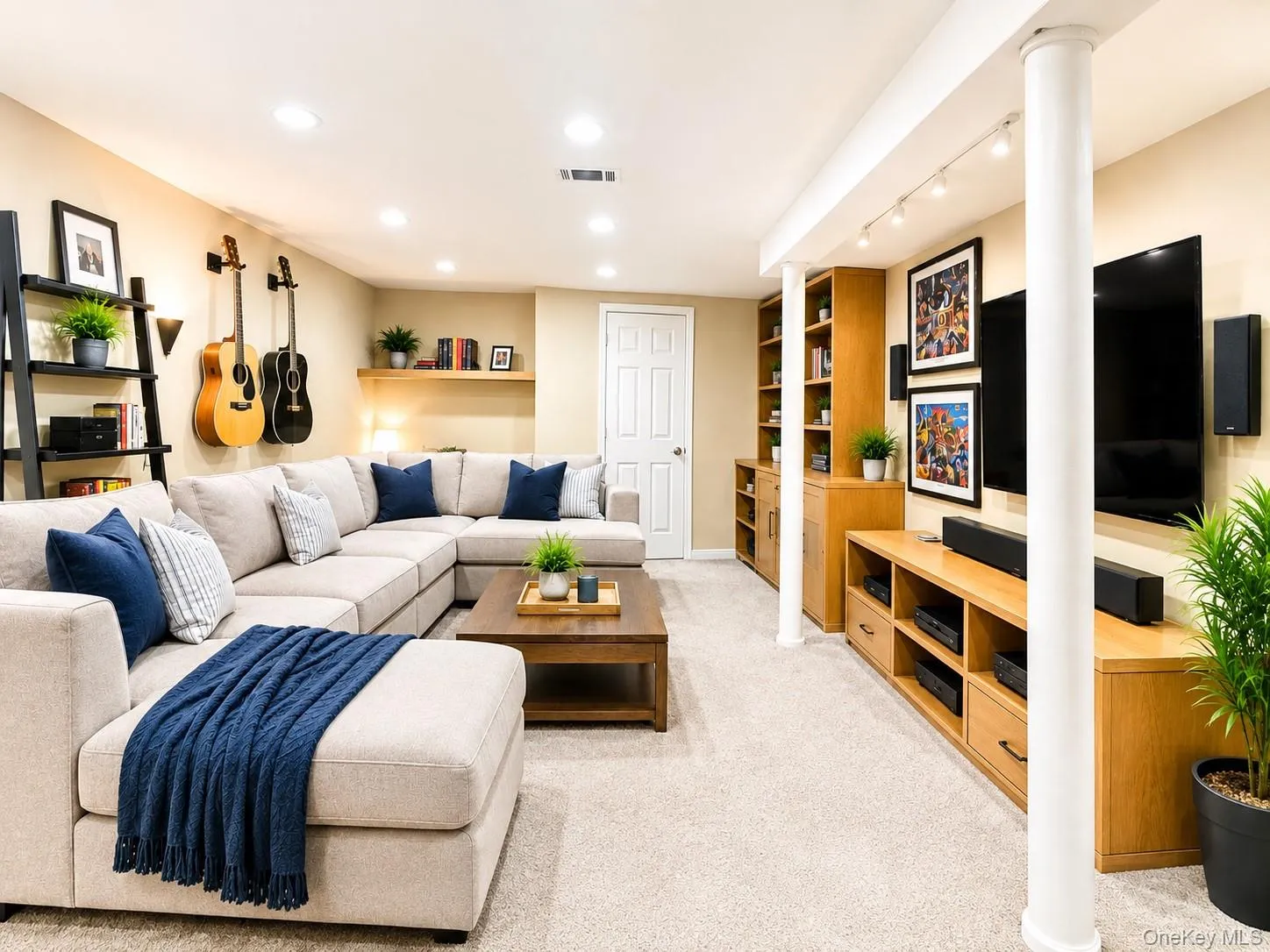 Virtually staged family room in basement Virtually staged family room in basement
