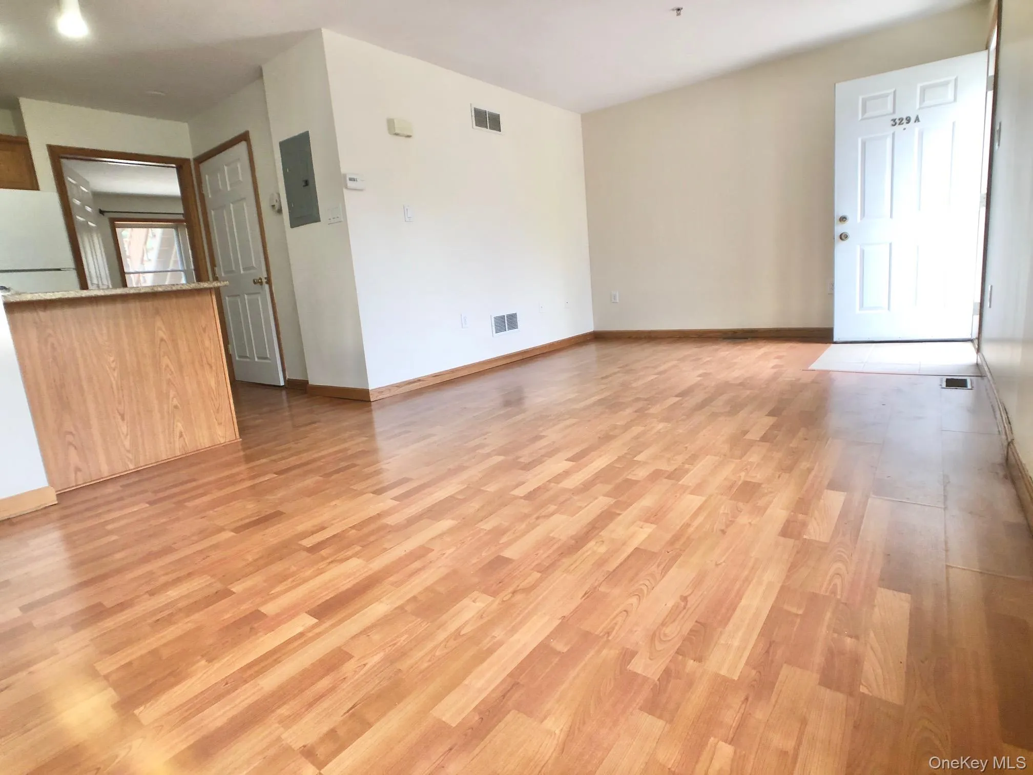 Unfurnished living room featuring light wood finished floors and electric panel Unfurnished living room featuring light wood finished floors and electric panel