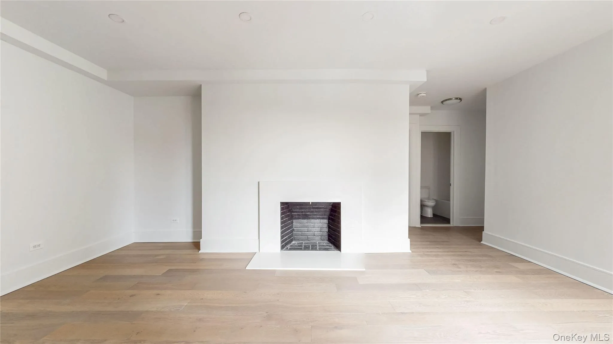 Light wood-finish flooring, recessed lighting, and a modern fireplace with a hearth Light wood-finish flooring, recessed lighting, and a modern fireplace with a hearth