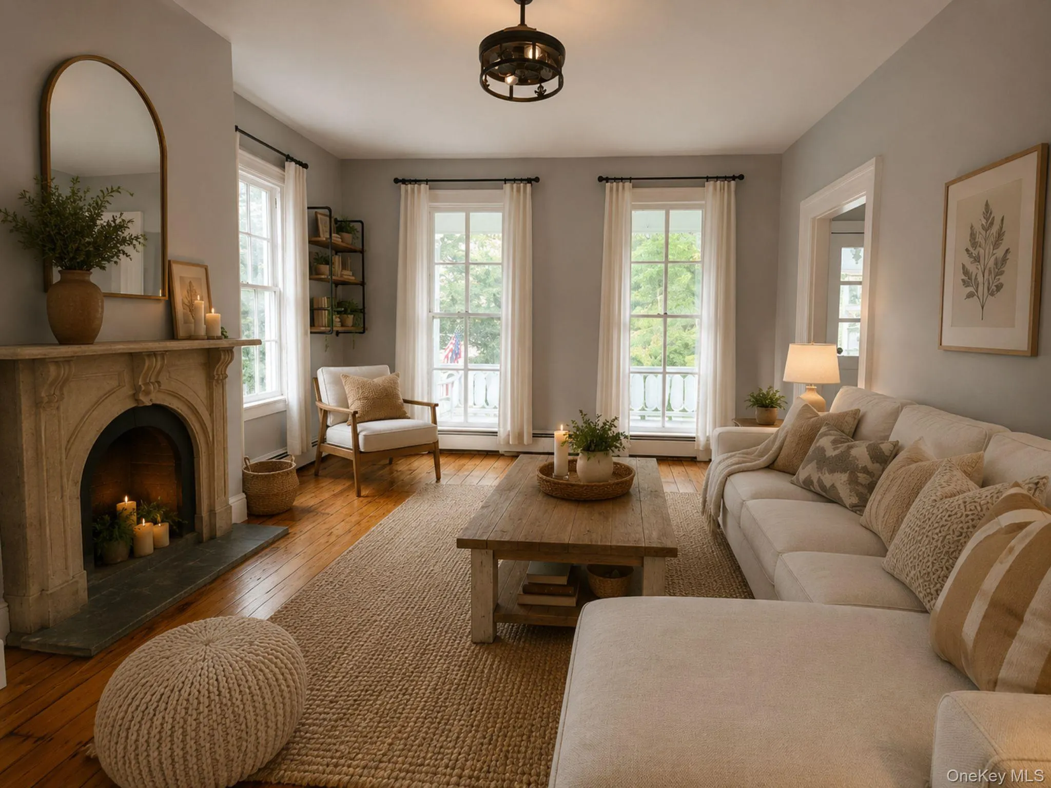 AI Generated Staging: Elegant living room featuring hardwood flooring, a faux fireplace, with transom windows flooding the space with natural light AI Generated Staging: Elegant living room featuring hardwood flooring, a faux fireplace, with transom windows flooding the space with natural light