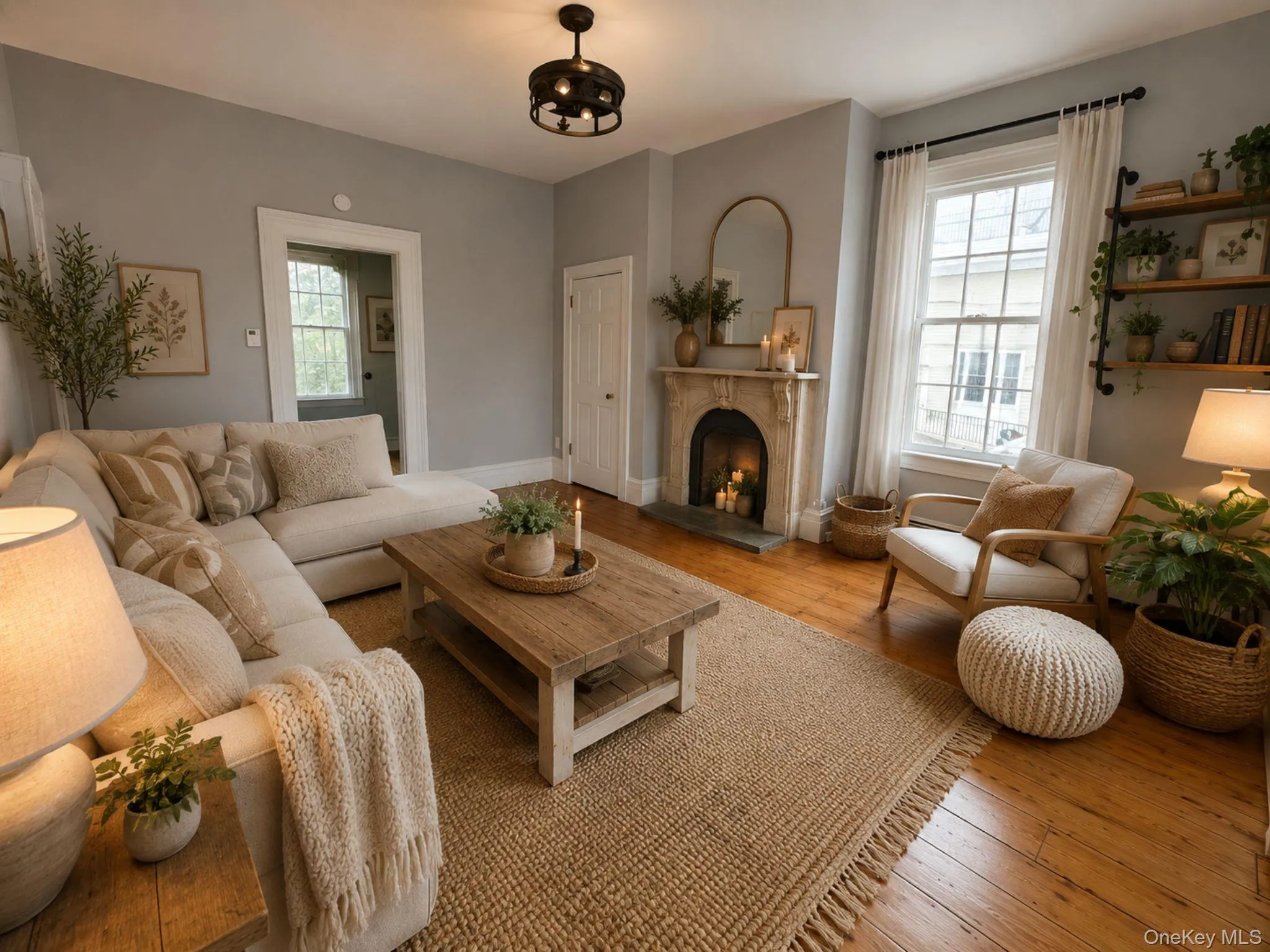 AI Generated Virtual Staging, Hardwood flooring, decorative fireplace with stone surround, window with white trim, built-in shelving, and a ceiling-mounted light fixture AI Generated Virtual Staging, Hardwood flooring, decorative fireplace with stone surround, window with white trim, built-in shelving, and a ceiling-mounted light fixture