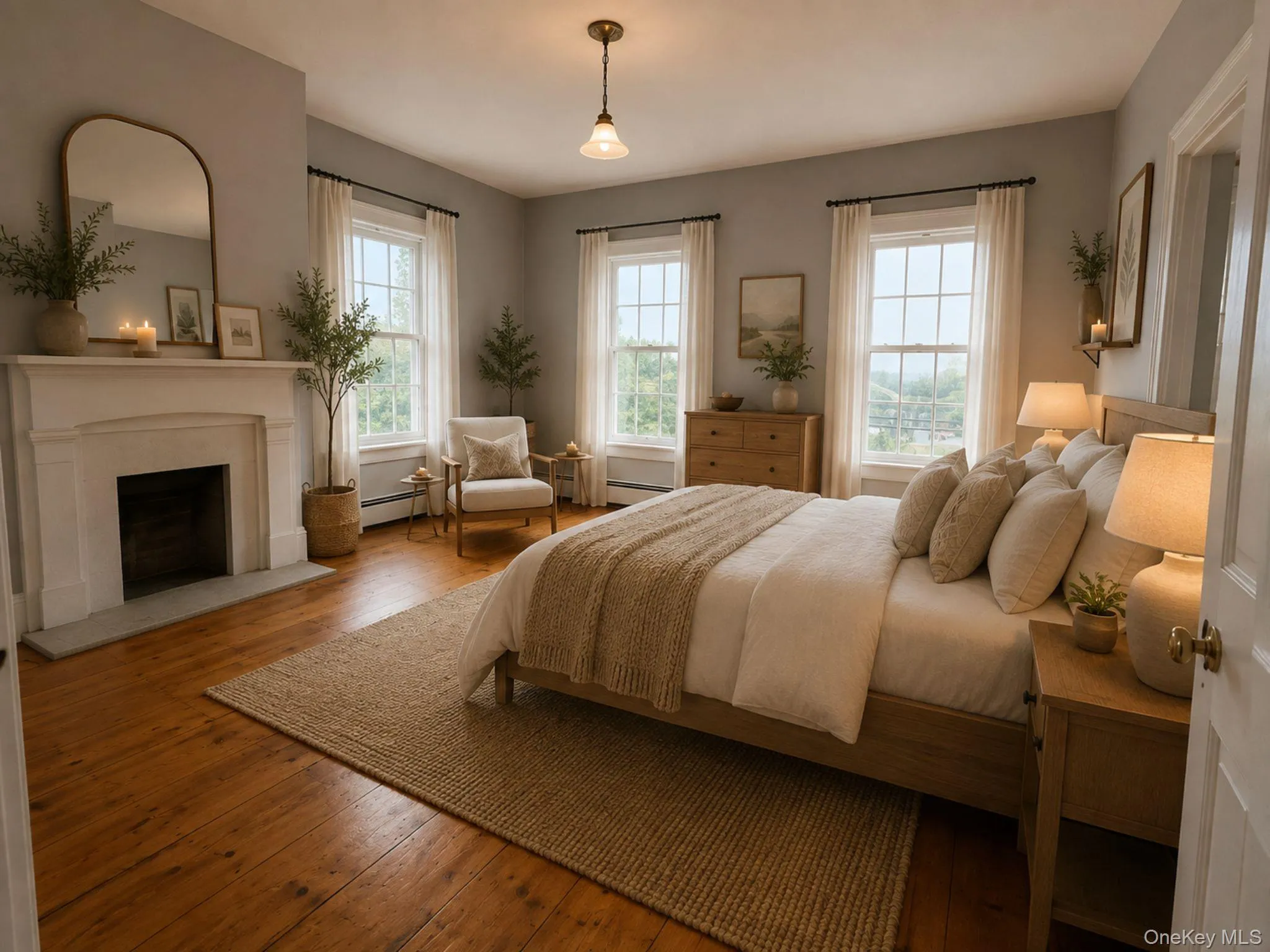 AI Generated Virtual Staging, Hardwood flooring, classic fireplace with mantel, multiple window exposures, pendant light fixture, and crown molding AI Generated Virtual Staging, Hardwood flooring, classic fireplace with mantel, multiple window exposures, pendant light fixture, and crown molding