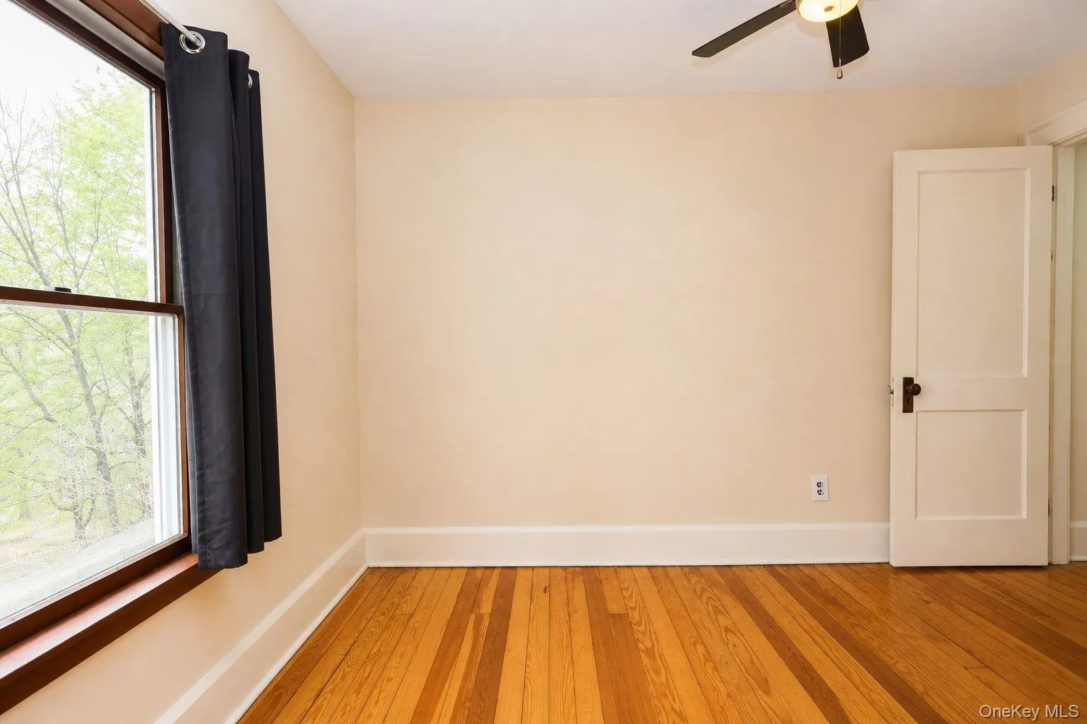 Hardwood flooring, natural light from a large window, a ceiling fan with integrated lighting, a paneled door, and white baseboards Hardwood flooring, natural light from a large window, a ceiling fan with integrated lighting, a paneled door, and white baseboards