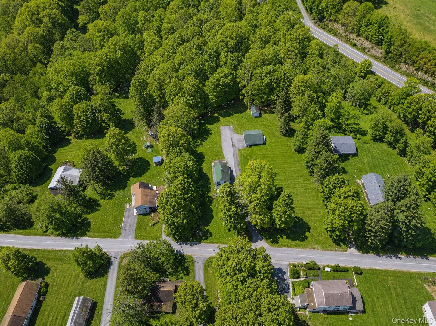 Expansive property featuring lush green landscaping, mature trees, multiple residential structures, and paved road frontage Expansive property featuring lush green landscaping, mature trees, multiple residential structures, and paved road frontage