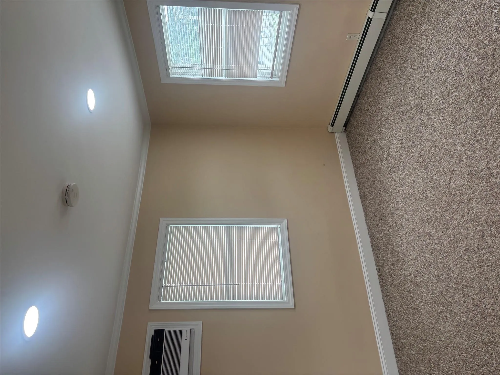 Recessed ceiling lighting, wall-mounted air conditioning unit, window blinds, baseboard heating, and carpeted flooring Recessed ceiling lighting, wall-mounted air conditioning unit, window blinds, baseboard heating, and carpeted flooring