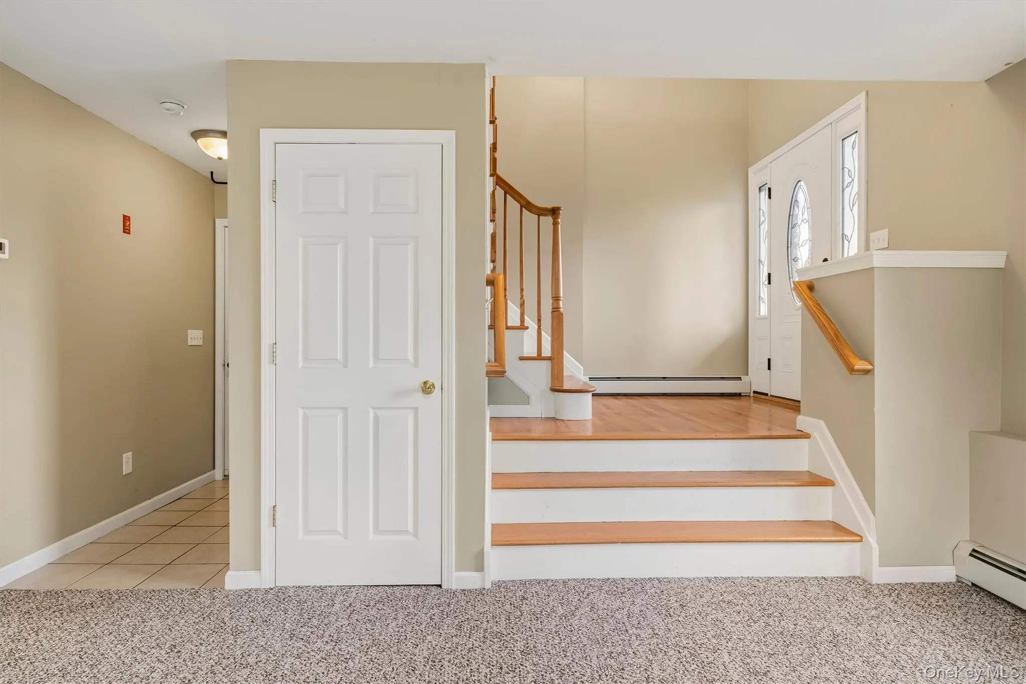 Entryway featuring wood-finish stairs with white risers, a wood-finish banister, and a white six-panel door Entryway featuring wood-finish stairs with white risers, a wood-finish banister, and a white six-panel door