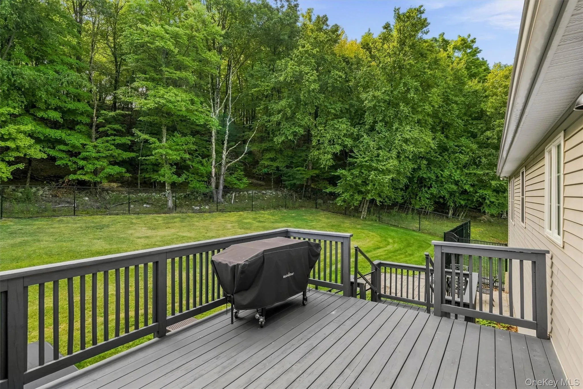 Spacious deck with dark gray wood-finish decking and railings Spacious deck with dark gray wood-finish decking and railings