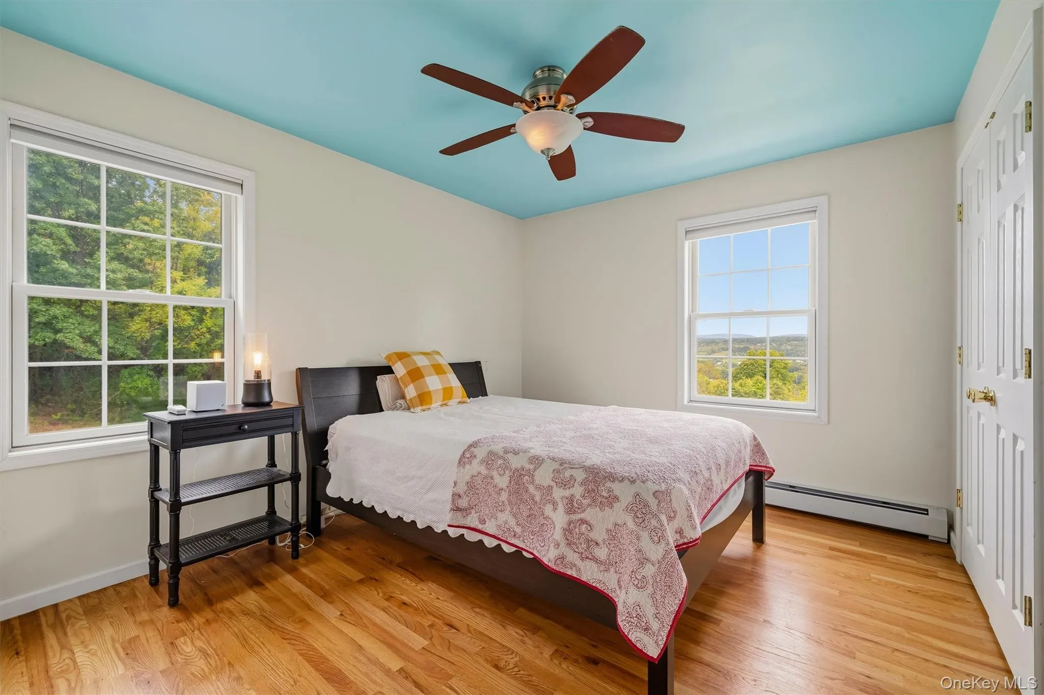 Hardwood flooring, painted ceiling, ceiling fan, white paneled doors, and dual windows Hardwood flooring, painted ceiling, ceiling fan, white paneled doors, and dual windows