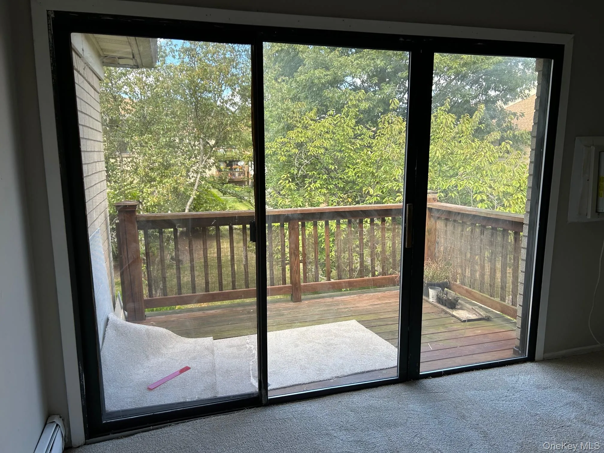 Entryway featuring carpet flooring, a baseboard heating unit, and view of wooded area Entryway featuring carpet flooring, a baseboard heating unit, and view of wooded area