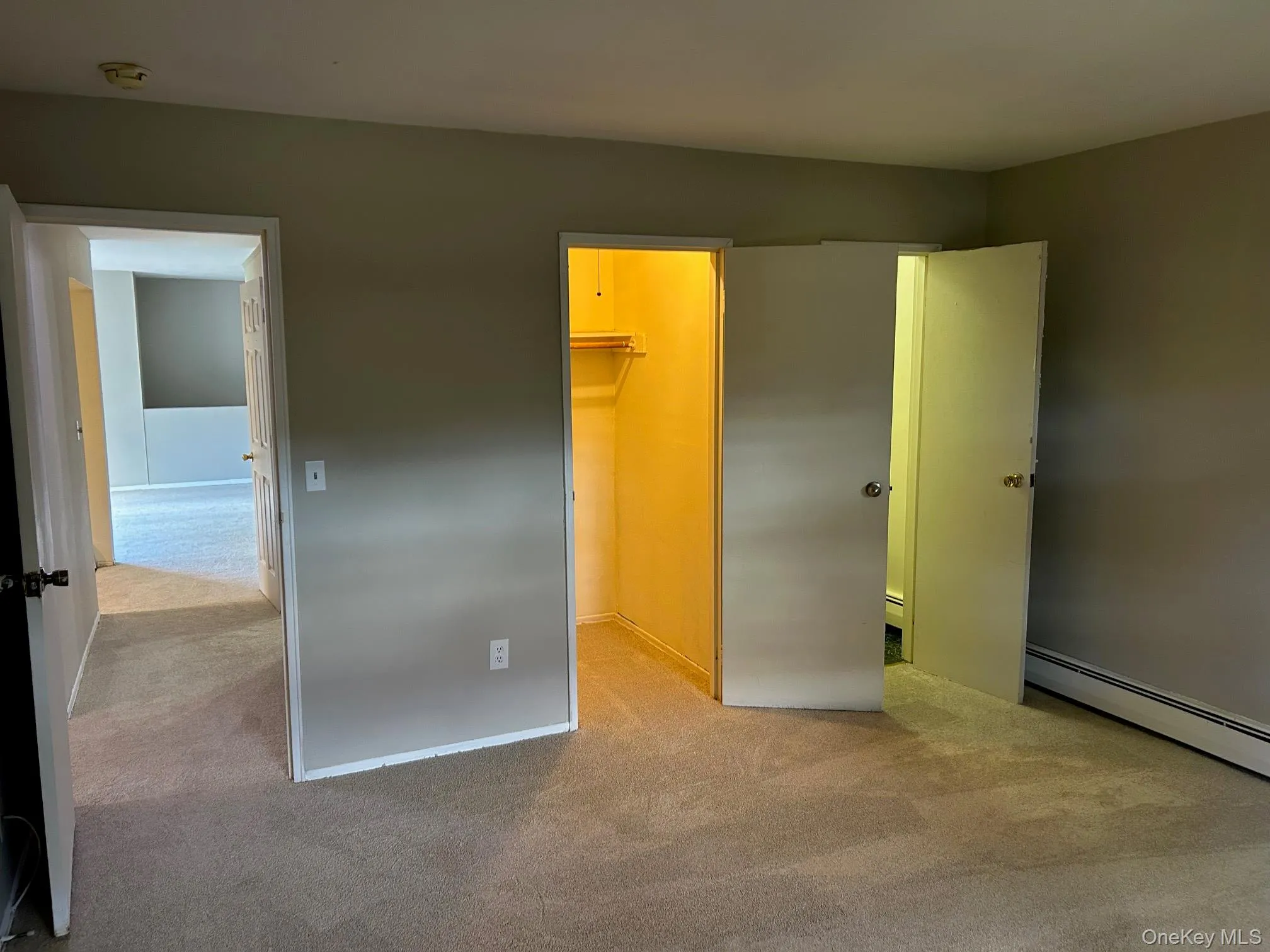 Unfurnished bedroom with light carpet and a spacious closet Unfurnished bedroom with light carpet and a spacious closet